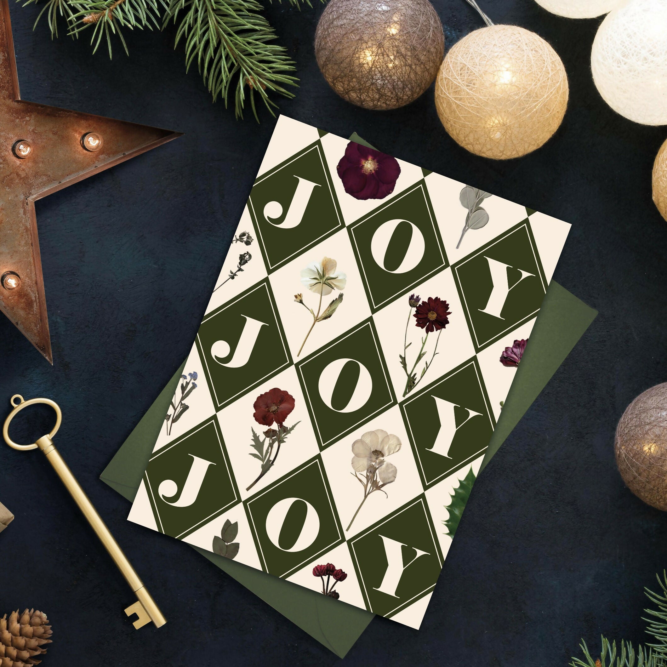 Pressed Flower JOY Print Christmas Card