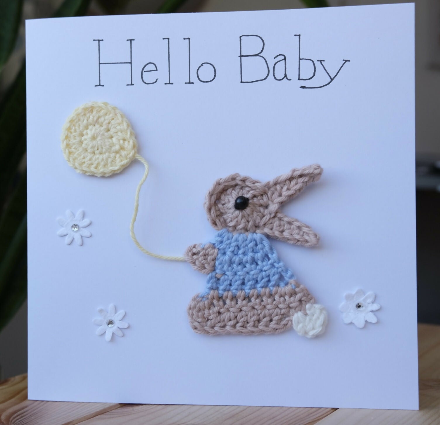 Hello Baby Crocheted card with Rabbit or Elephant