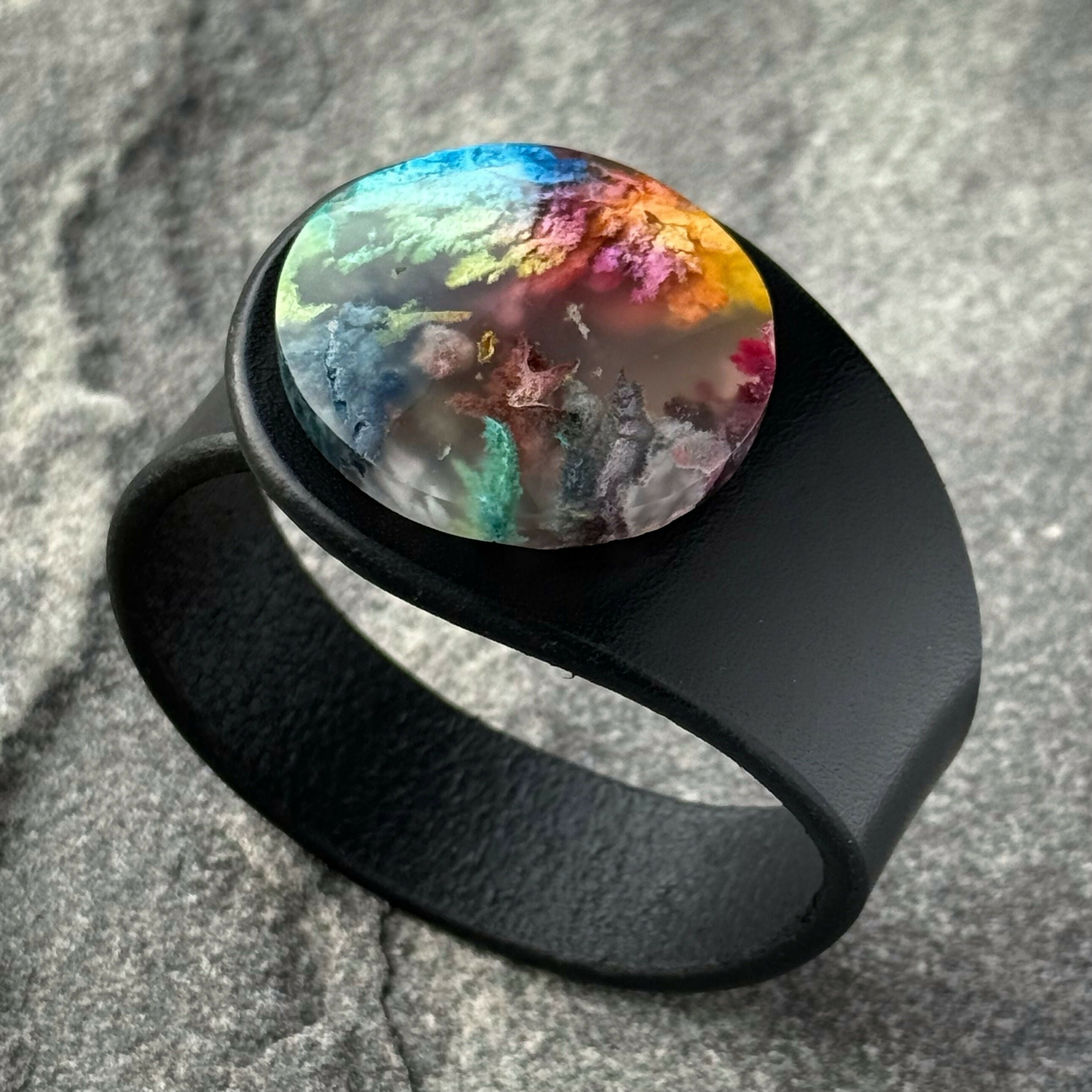 Handcrafted Natural Leather & Plume Agate Gemstone Bracelet - Size S or M