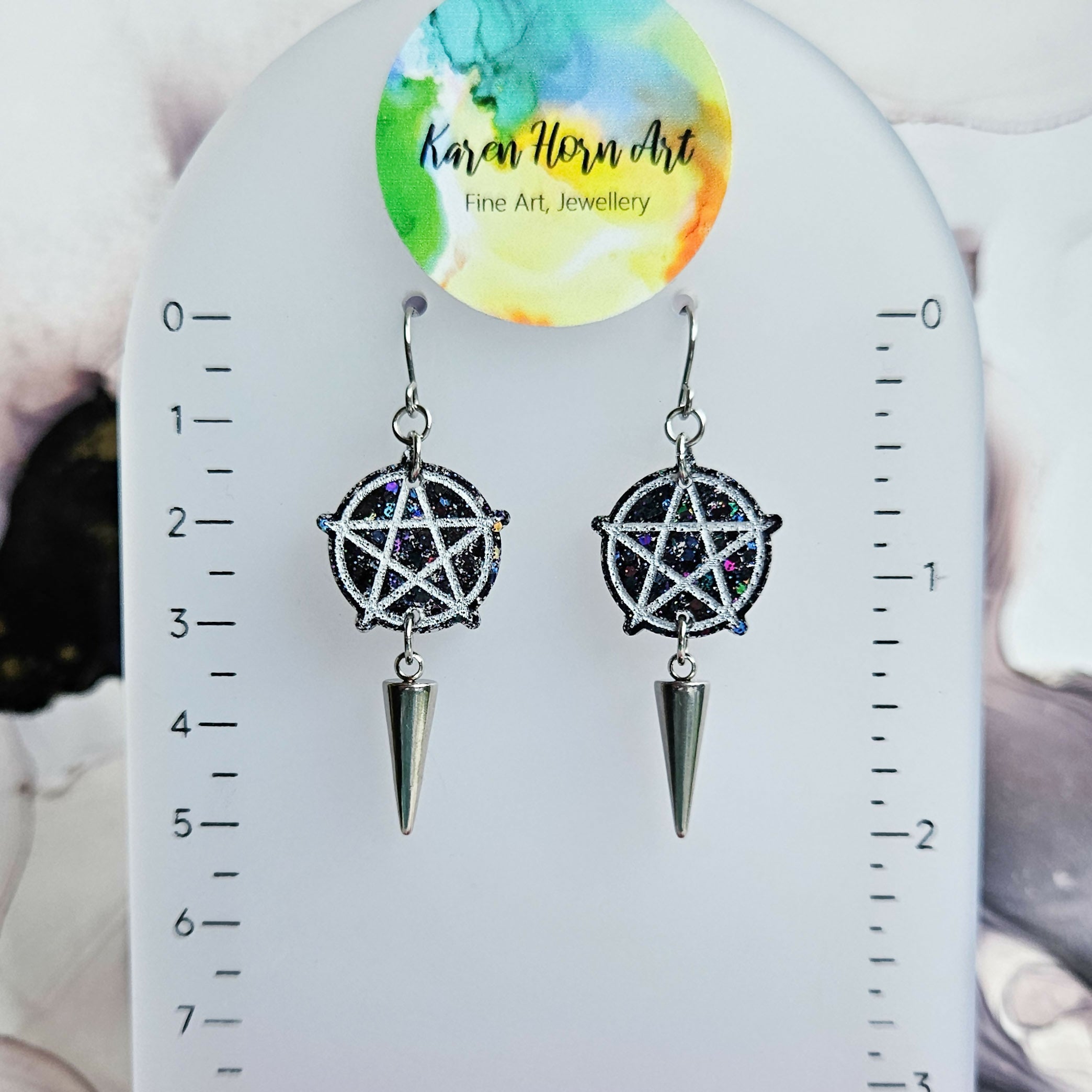 Handmade Black Glitter Pentacle Resin Earrings