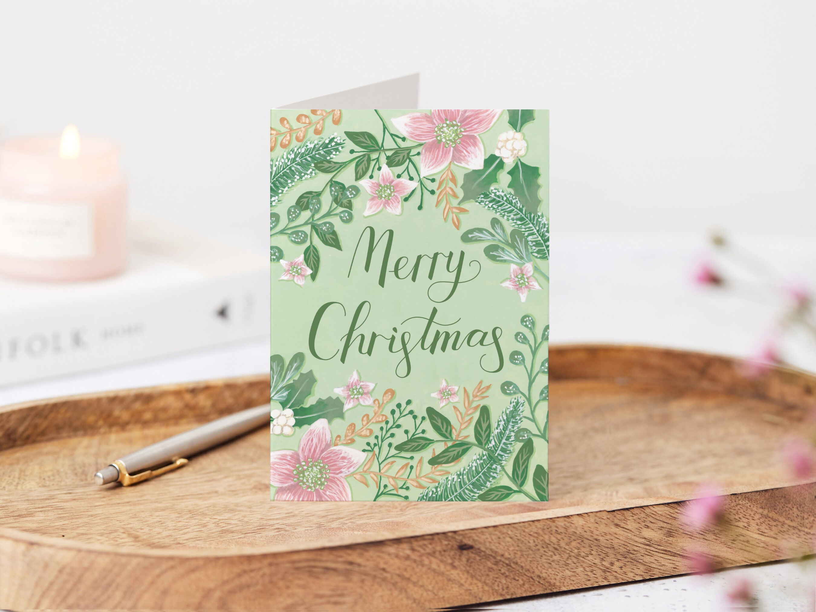 Green Floral Merry Christmas Card A6