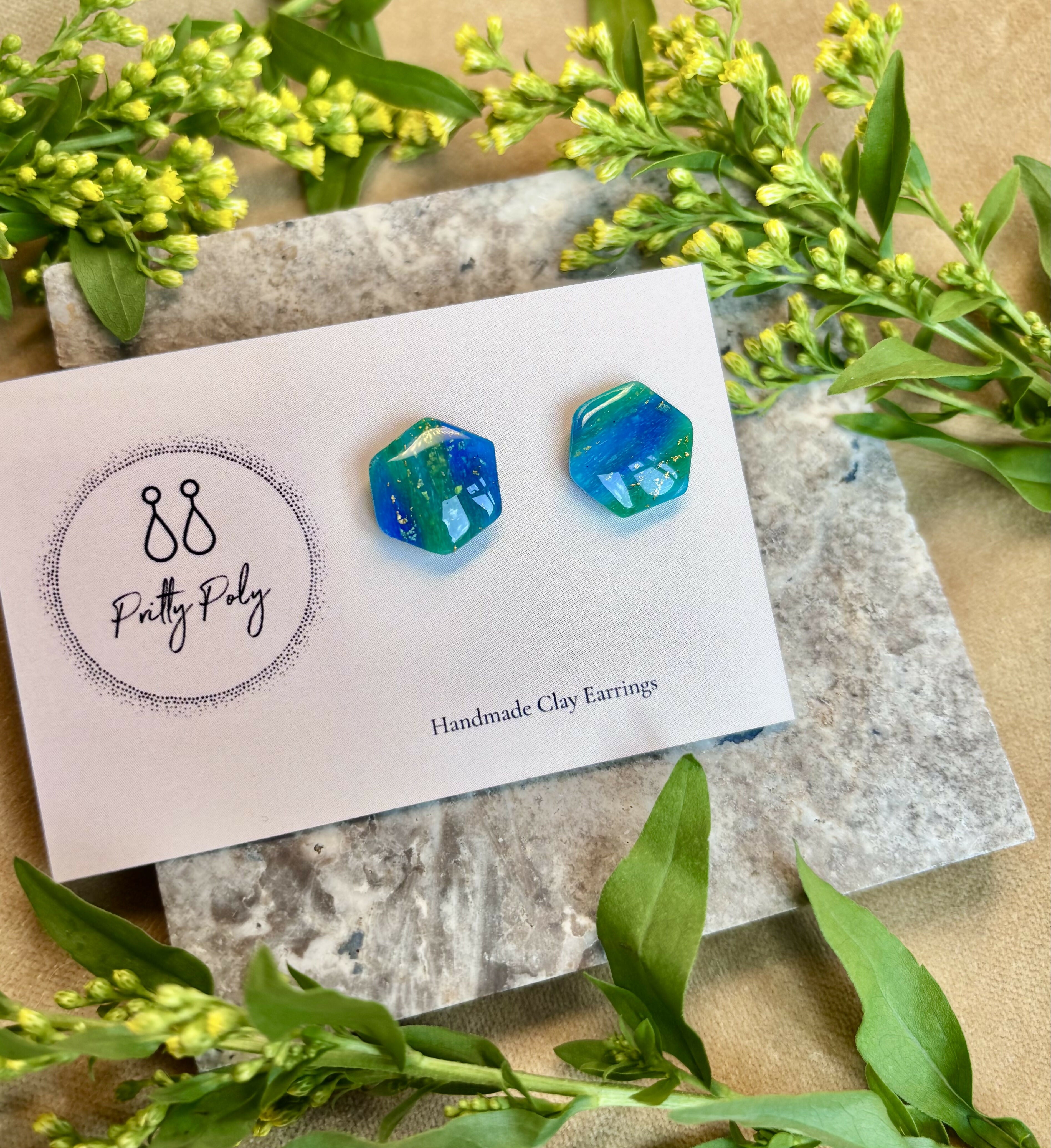 Blue and Gold Fleck Pentagon Polymer Clay Studs