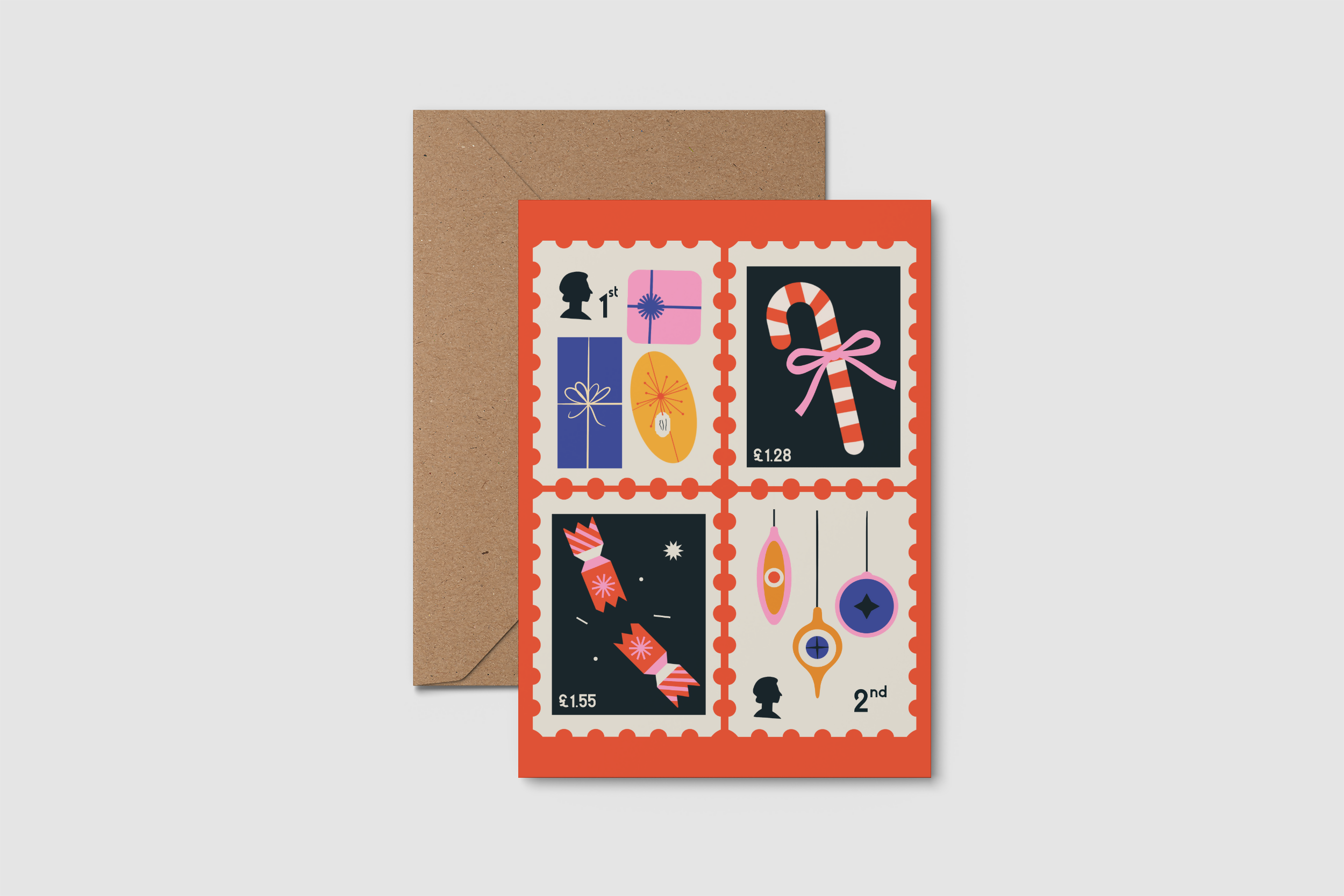 Red Retro Festive Stamps Christmas Card
