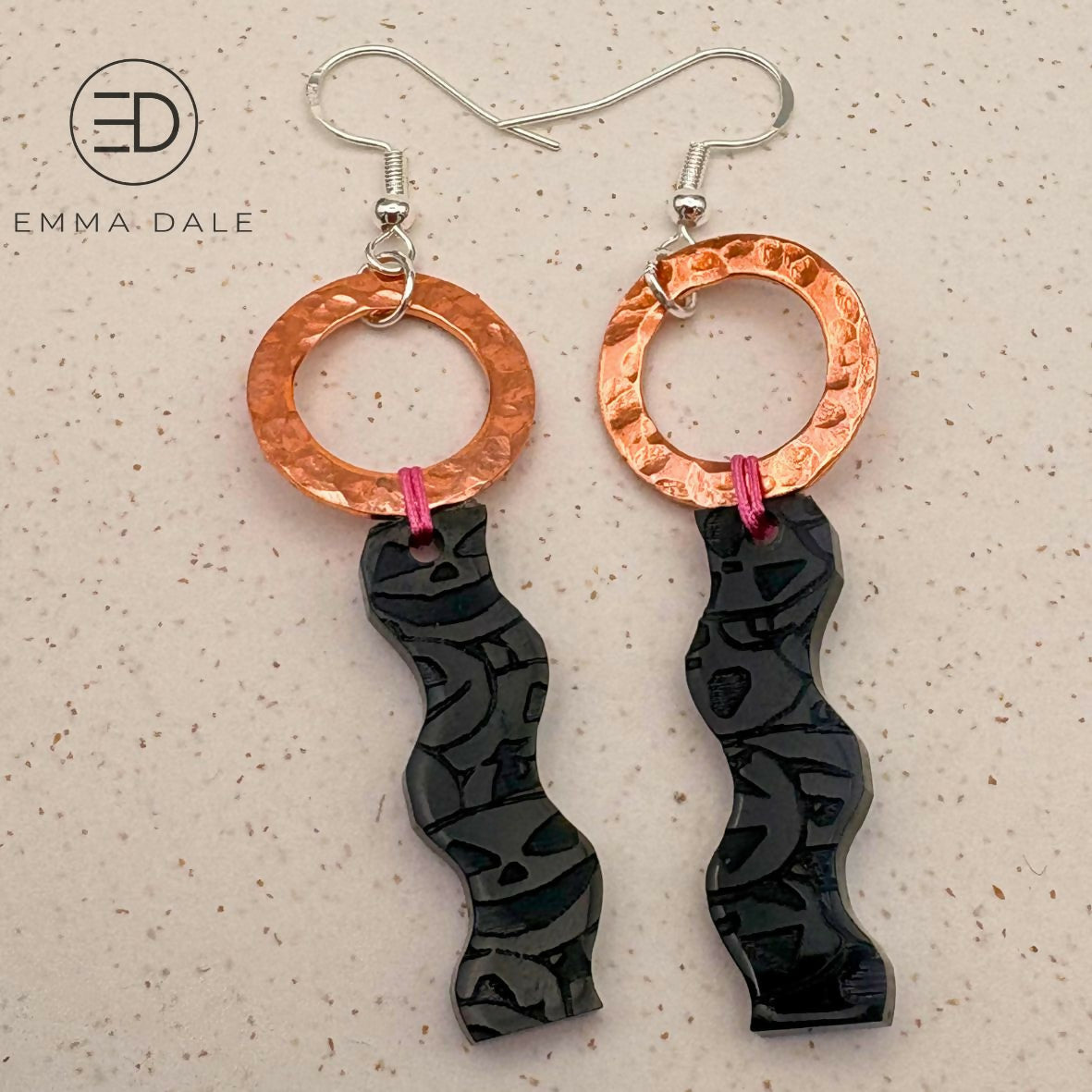 Black Pumpkin Doodle Wave & Hand-Hammered Copper Earrings