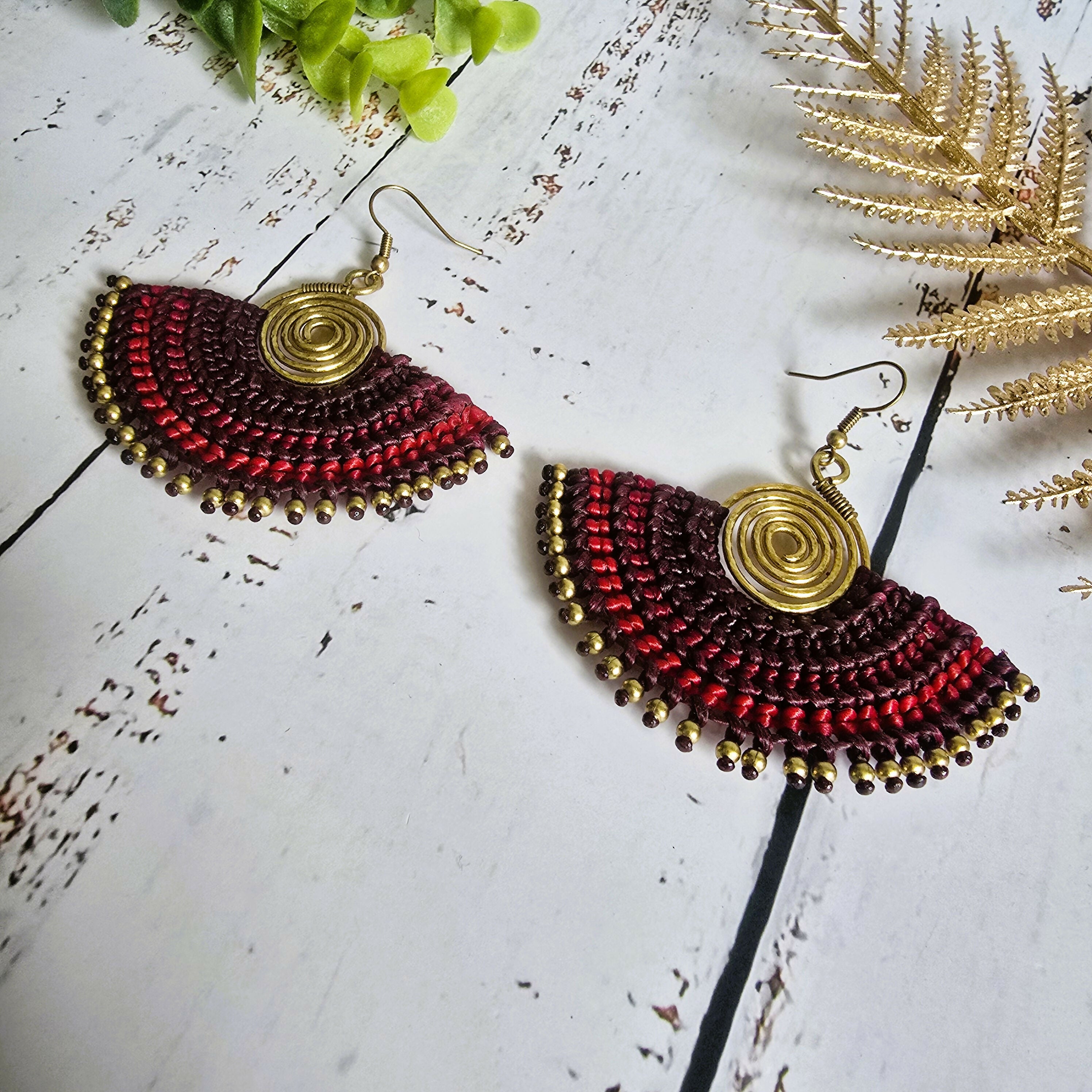 Red Macrame Fan Earrings; Statement Golden Spiral Wire-Art Thai Artisan Earrings
