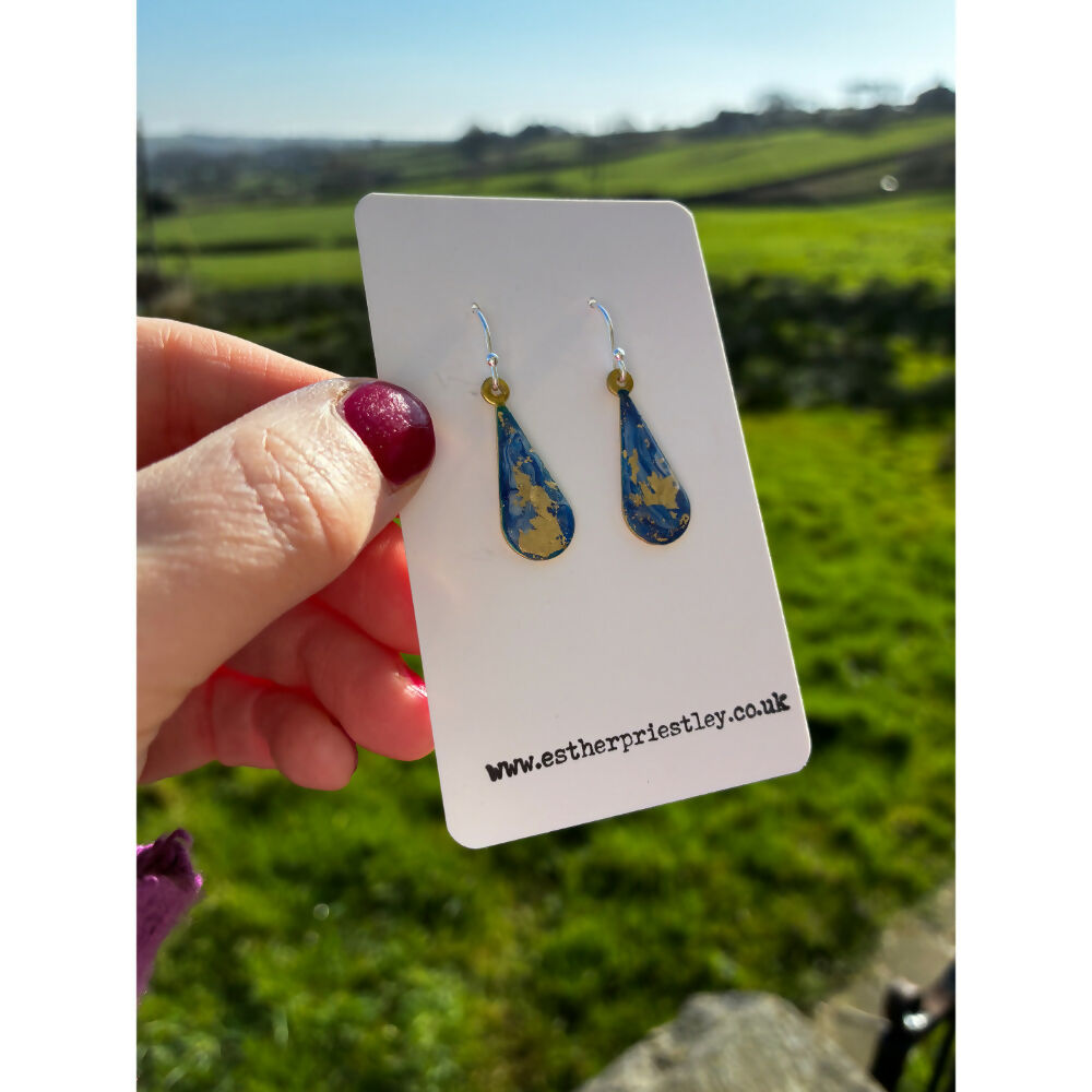 Silver Dangle Earrings: Handmade Marbled Effect Jewellery with Gold Leaf