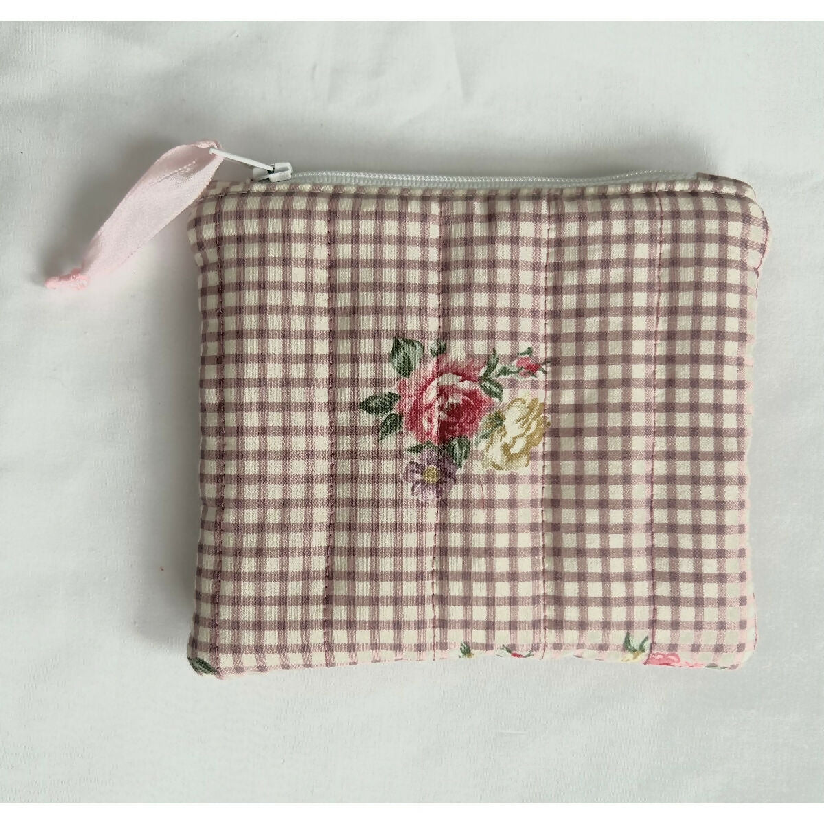 Mauve Pink Gingham Floral Quilted Coin Purse / Card Holder