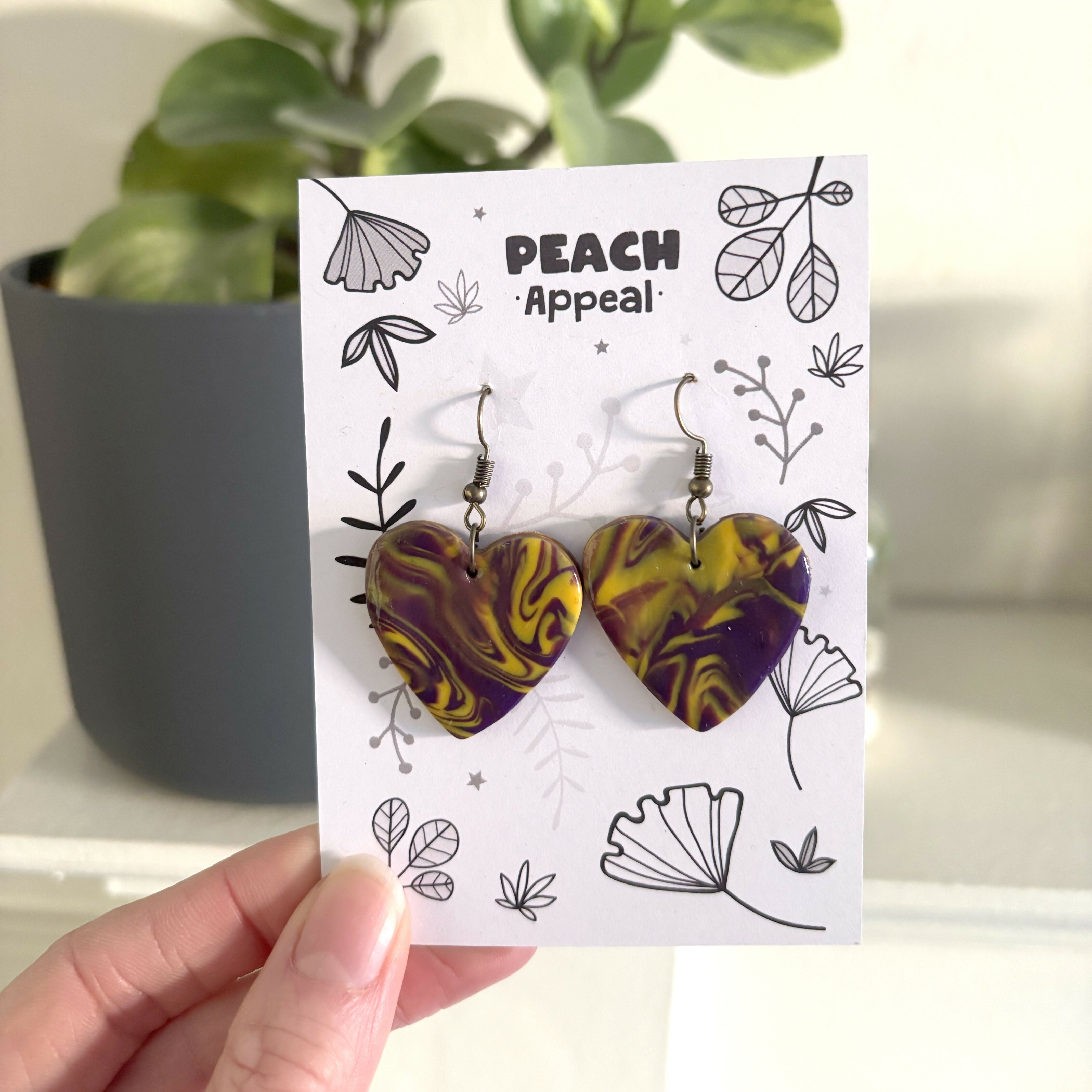 Recycled Polymer Clay Earrings - 70s Heart Swirl