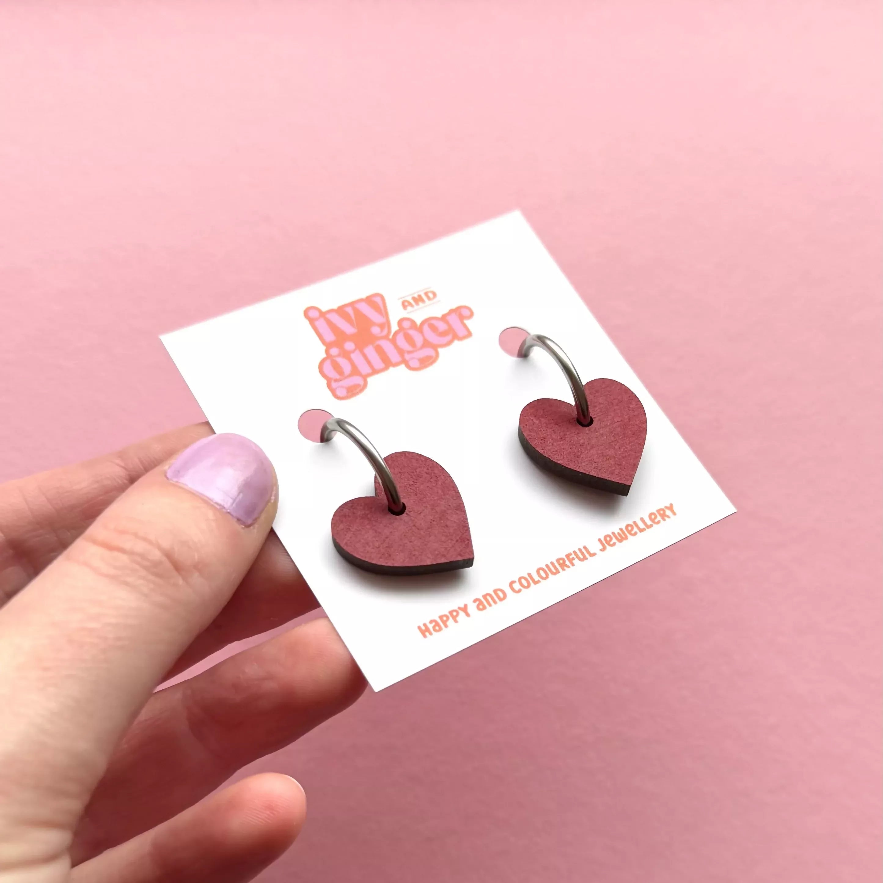 Hand Painted Deep Red Heart Shaped Hoop Earrings