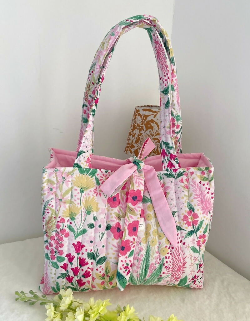 Quilted Tote Bag Pink Floral Design with Ribbon Closure Handmade in UK