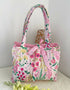 Quilted Tote Bag Pink Floral Design with Ribbon Closure Handmade in UK