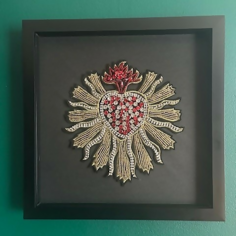 Stunning Beaded & Embroidered Sacred Heart In A Black Box Frame