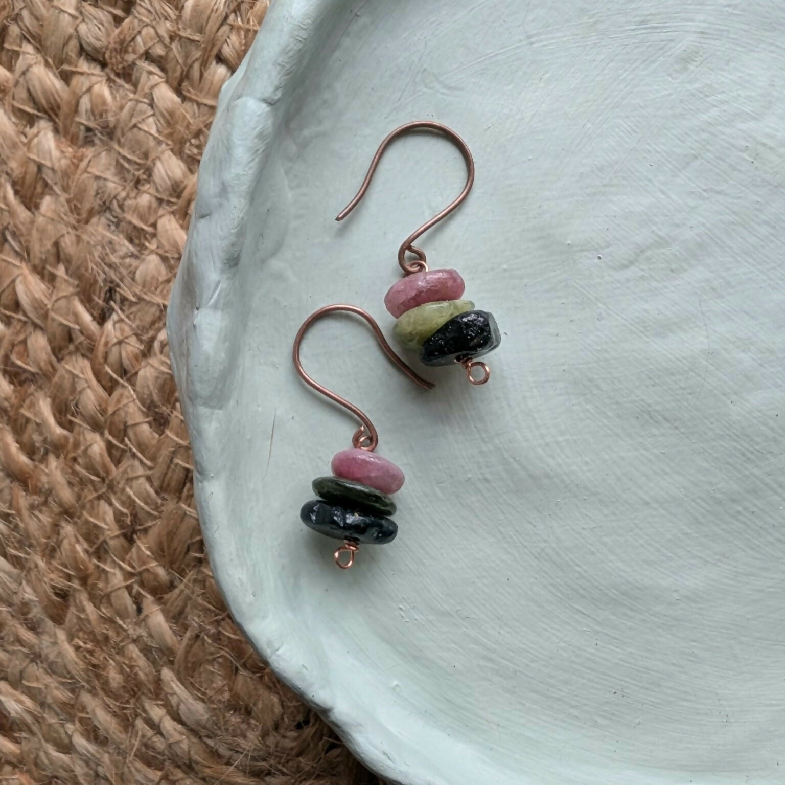Watermelon Tourmaline & Copper Dangle Earrings