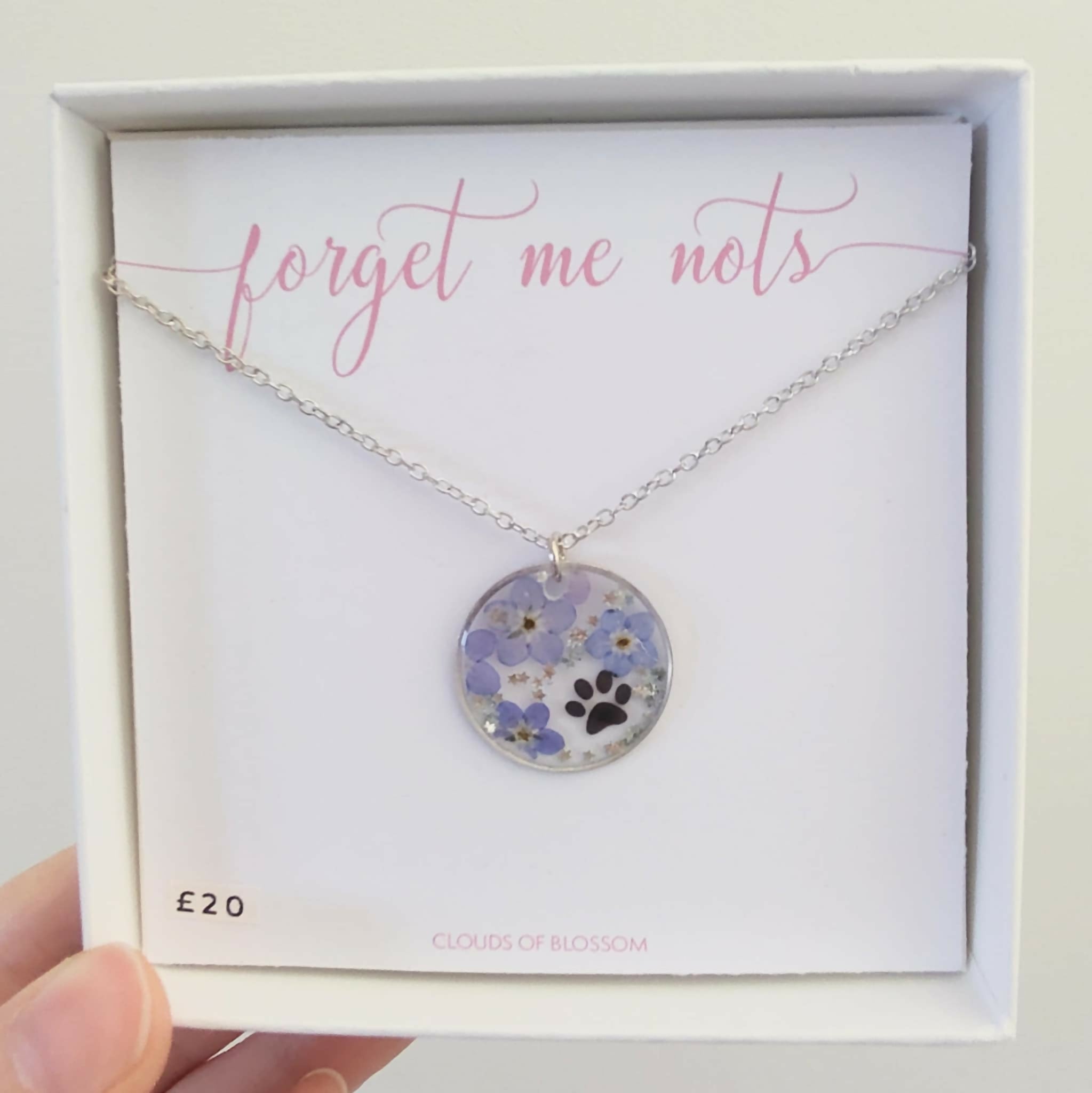 Pressed Forget Me Not Paw Print Circle Necklace Silver Plated