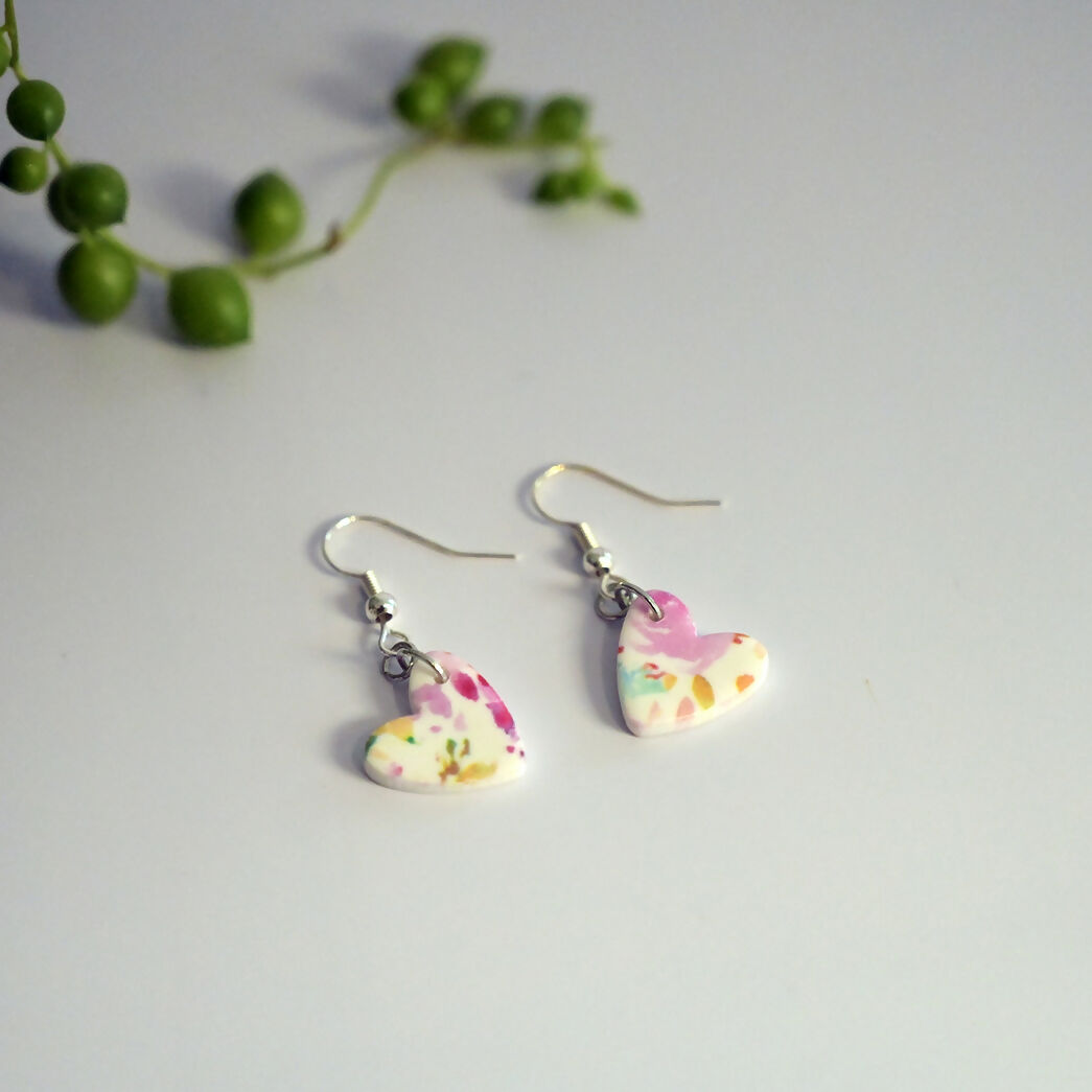 Pink Floral Heart Dangle Earrings - Handmade Polymer Clay - Polly Plant