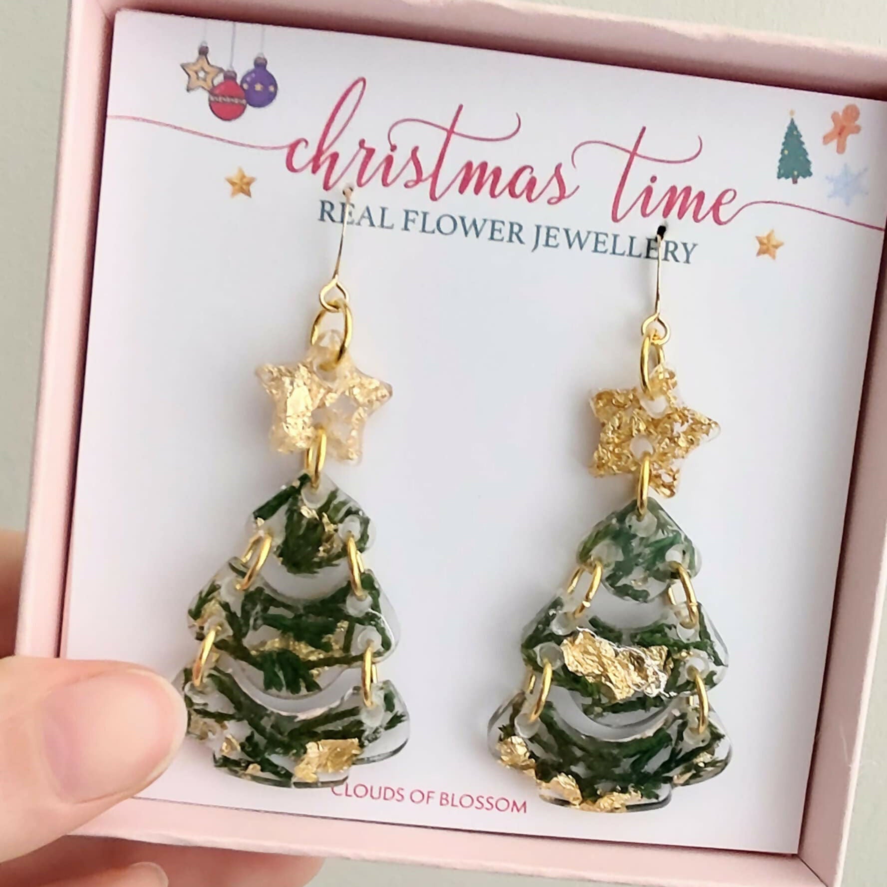 Real Christmas Tree Leaf Dangle Earrings Gold Plated