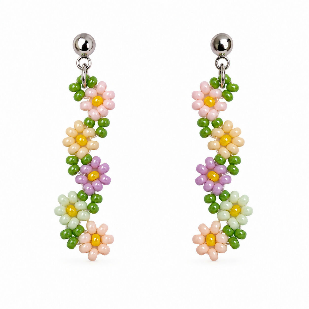 Handmade Beaded Dangle Earrings - Mediterranean Flowers, Colourful Festival Accessory