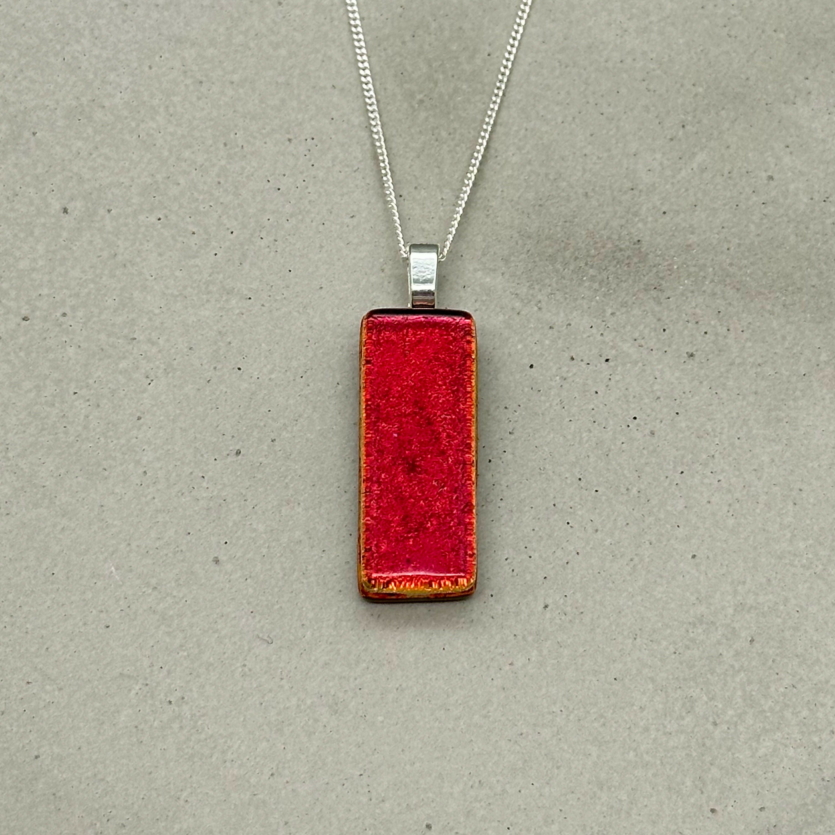 Red Dichroic Fused Glass Pendant with Silver Plated Chain - Handmade by Jade Tapson Glass.
