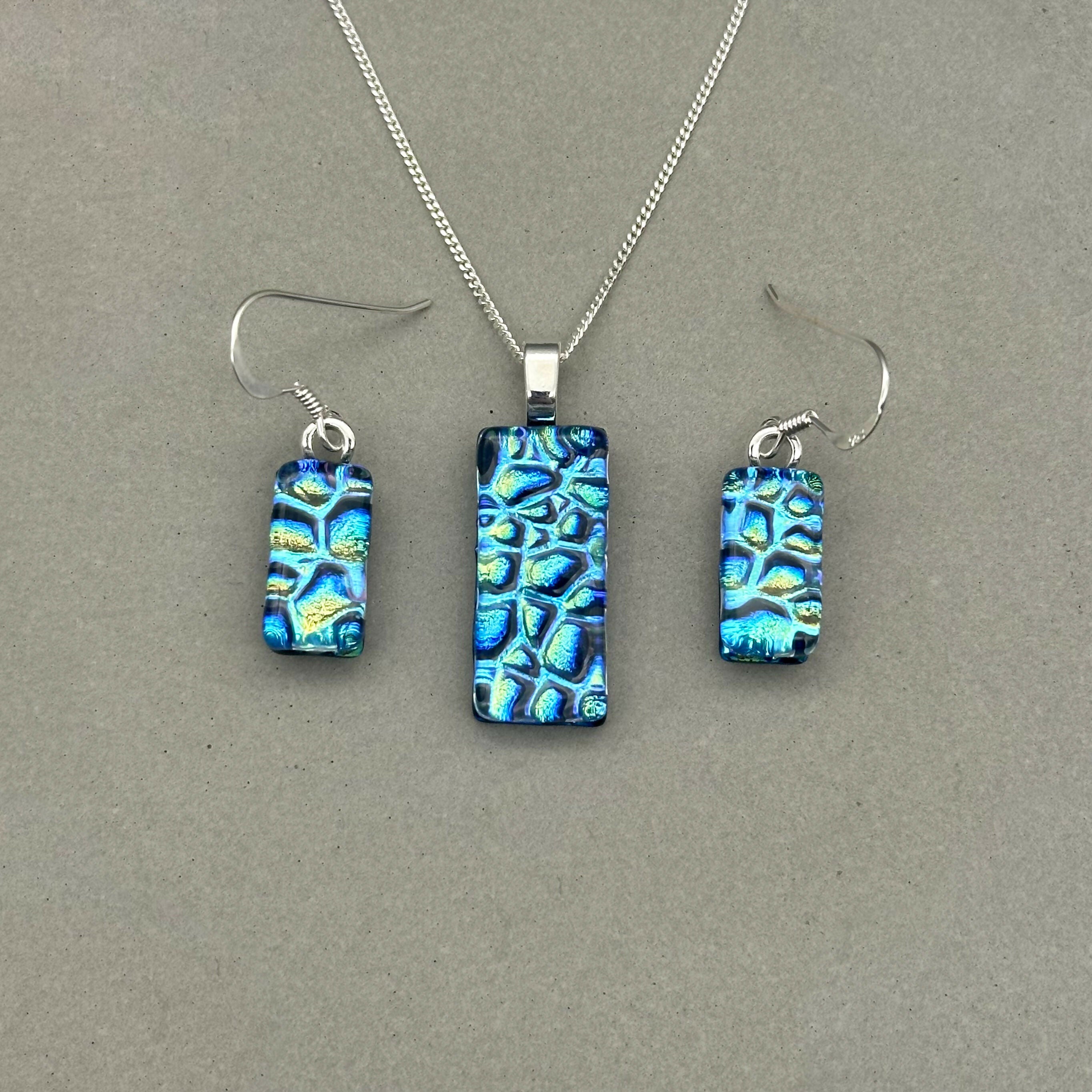 Green & Blue Raindrop Dichroic Glass Necklace and Earrings Set - Sterling Silver, Handmade by Jade Tapson Glass