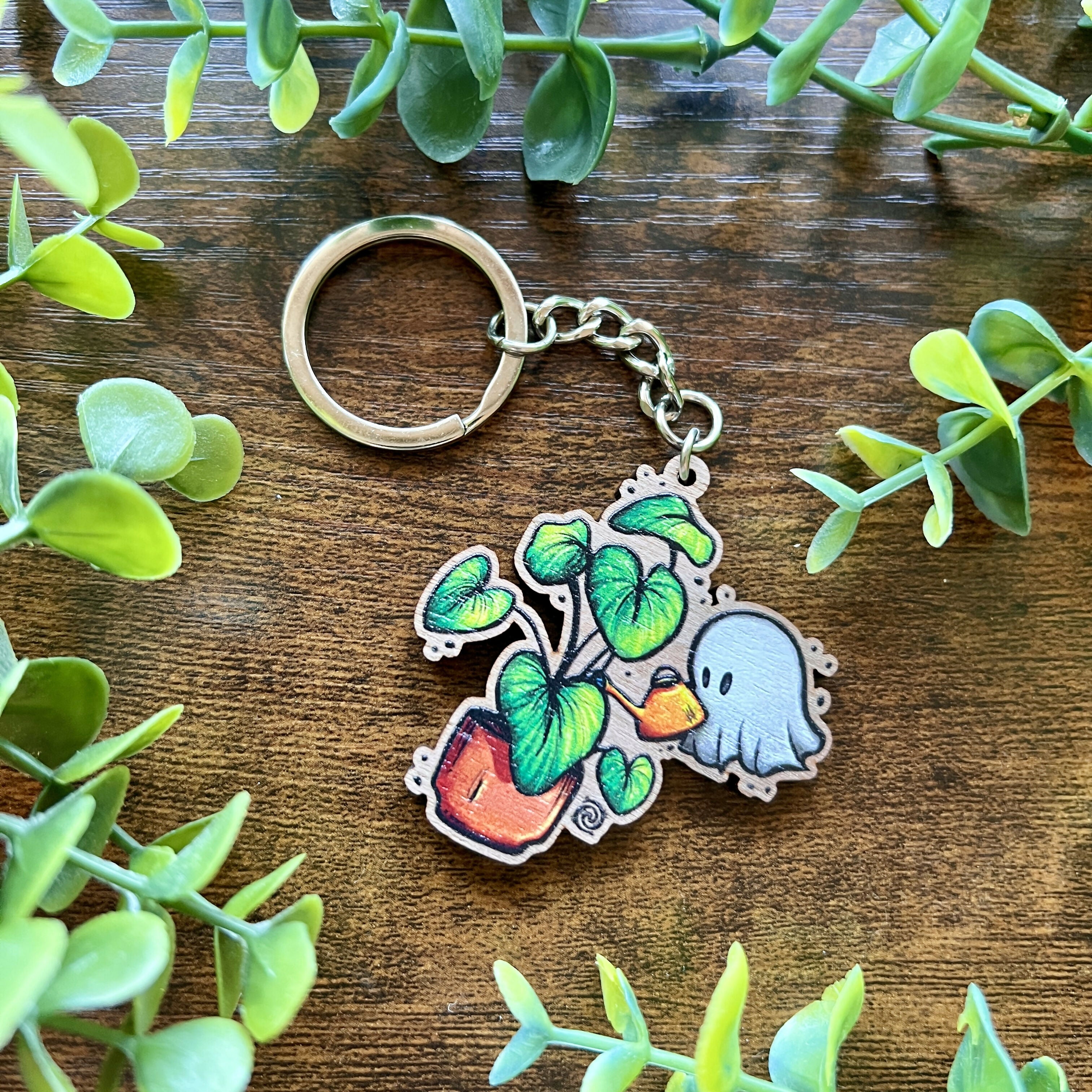Ghost and Plant Wooden Keyring