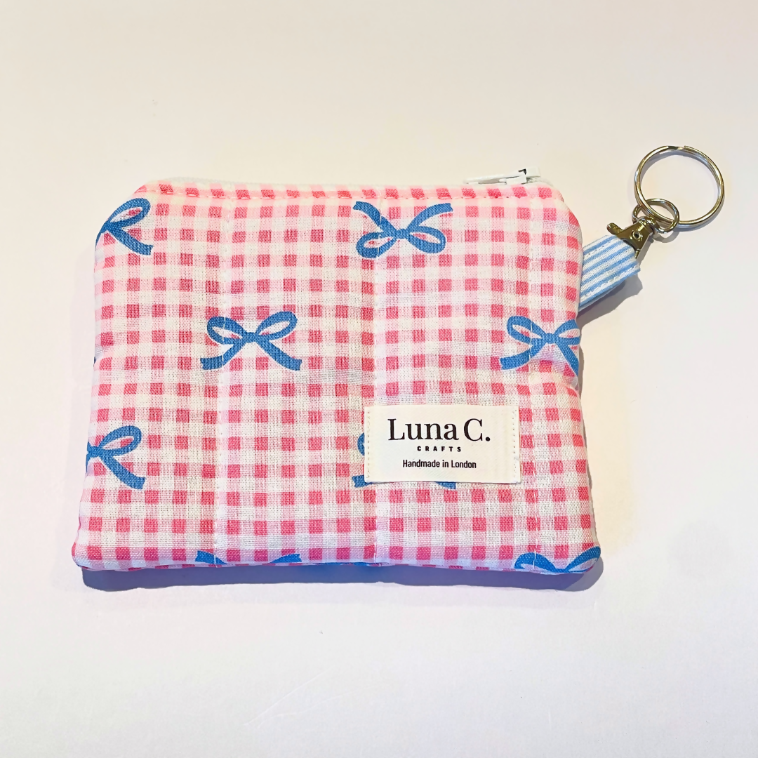 Pink Gingham Blue Bows Zipped Keychain Wallet