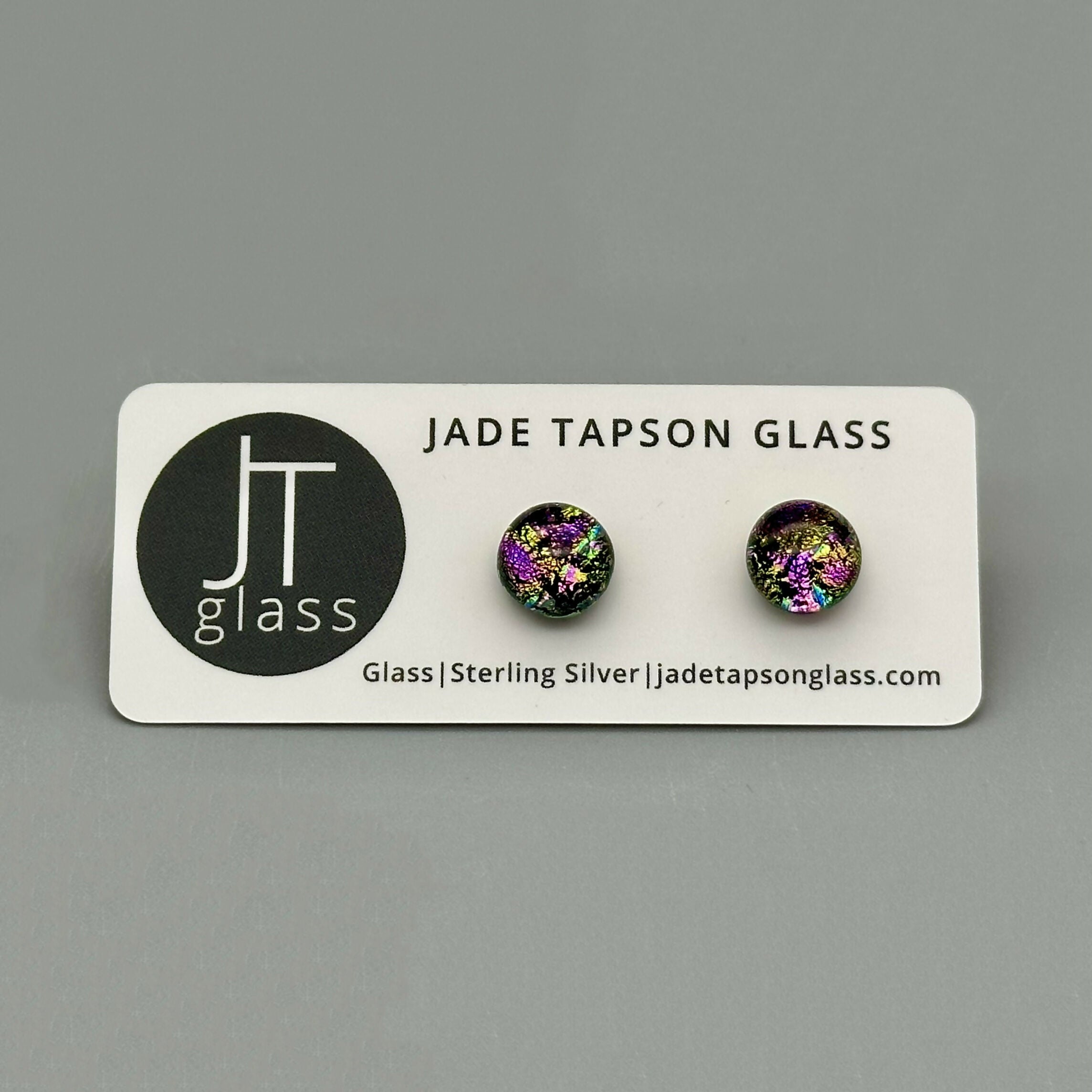 Pink Raindrop Dichroic Fused Glass Sterling Silver Stud Earrings - Handmade by Jade Tapson Glass.
