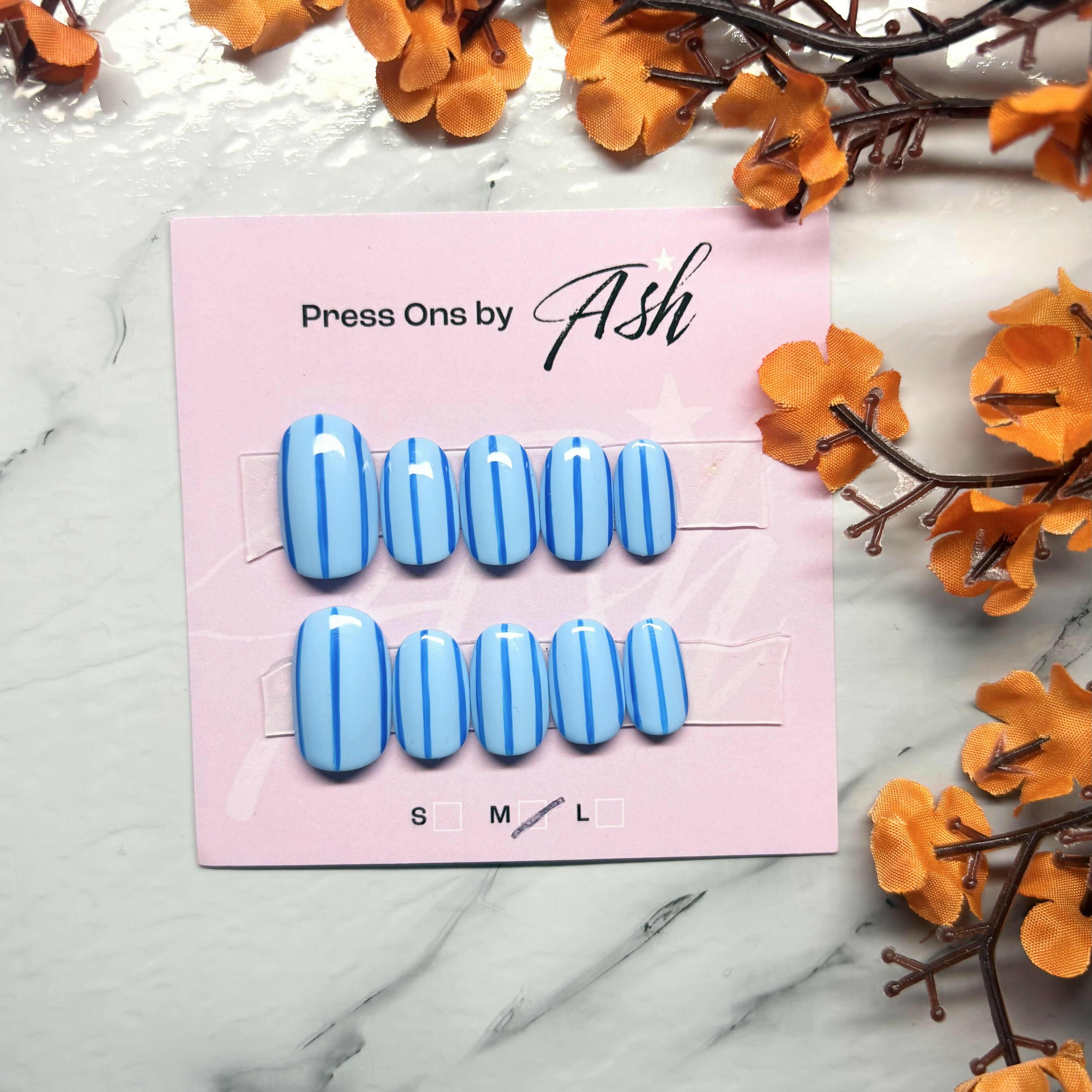 Reusable Blue Stripy Handmade Press On Nails