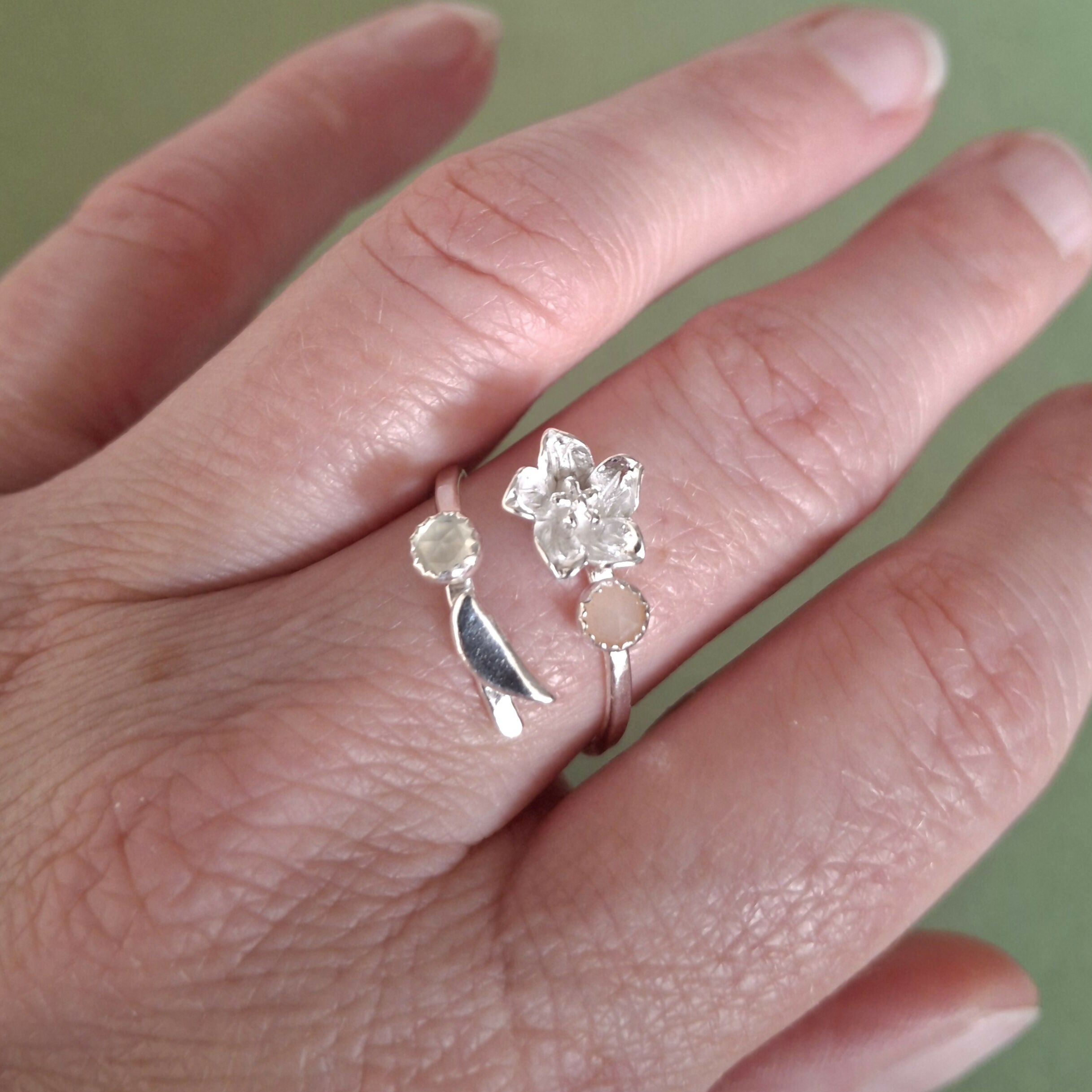 Handmade Adjustable Flower Ring With Moonstone & Prehnite