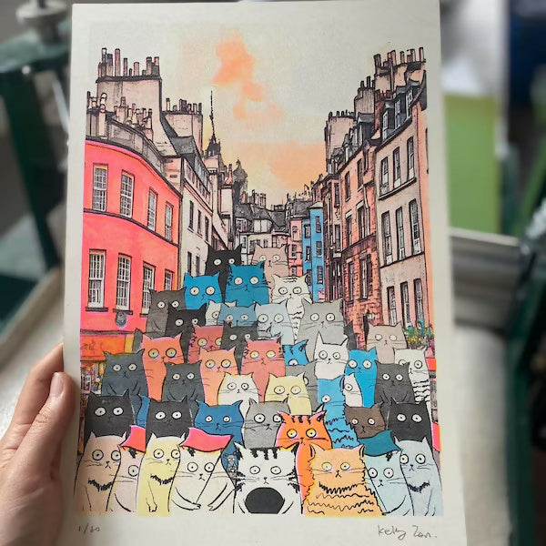 Cats on the Street Riso Print