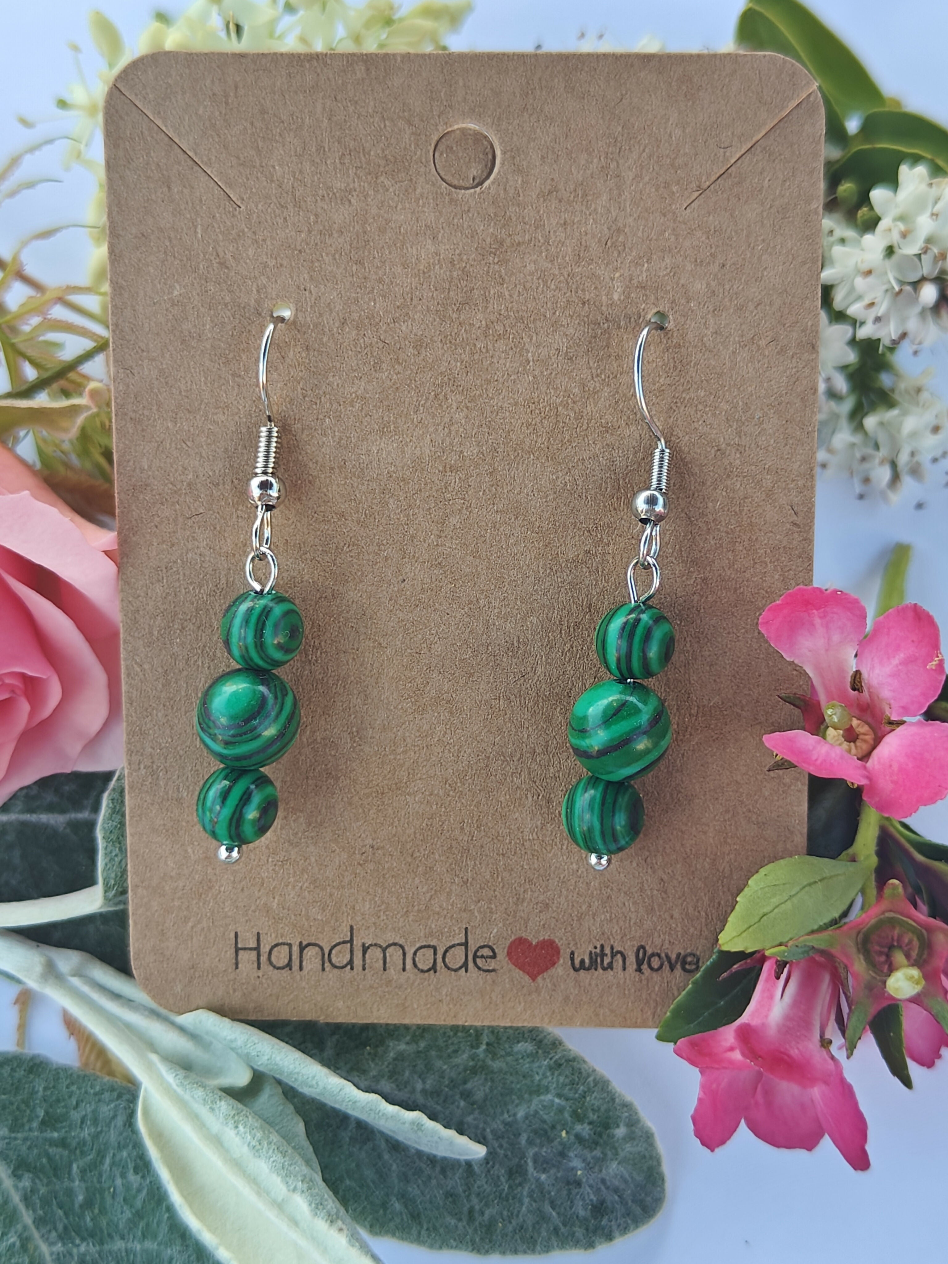 Malachite Wire Wrapped Crystal Bead Earrings