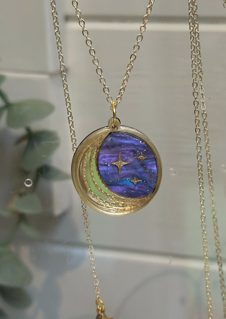 Crescent Moon and Star Disc Pendant