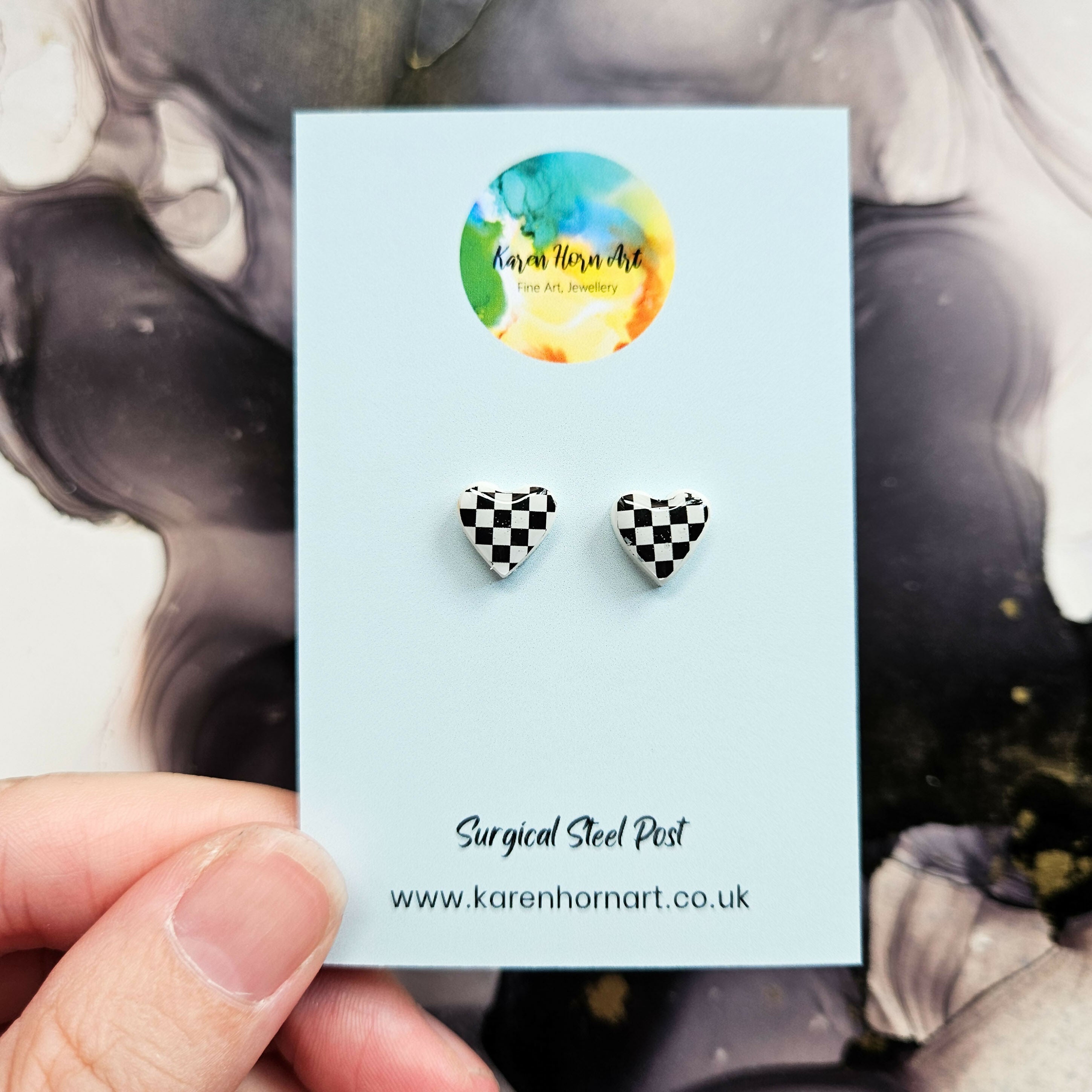 Handmade Black And White Checkered Resin Heart Studs