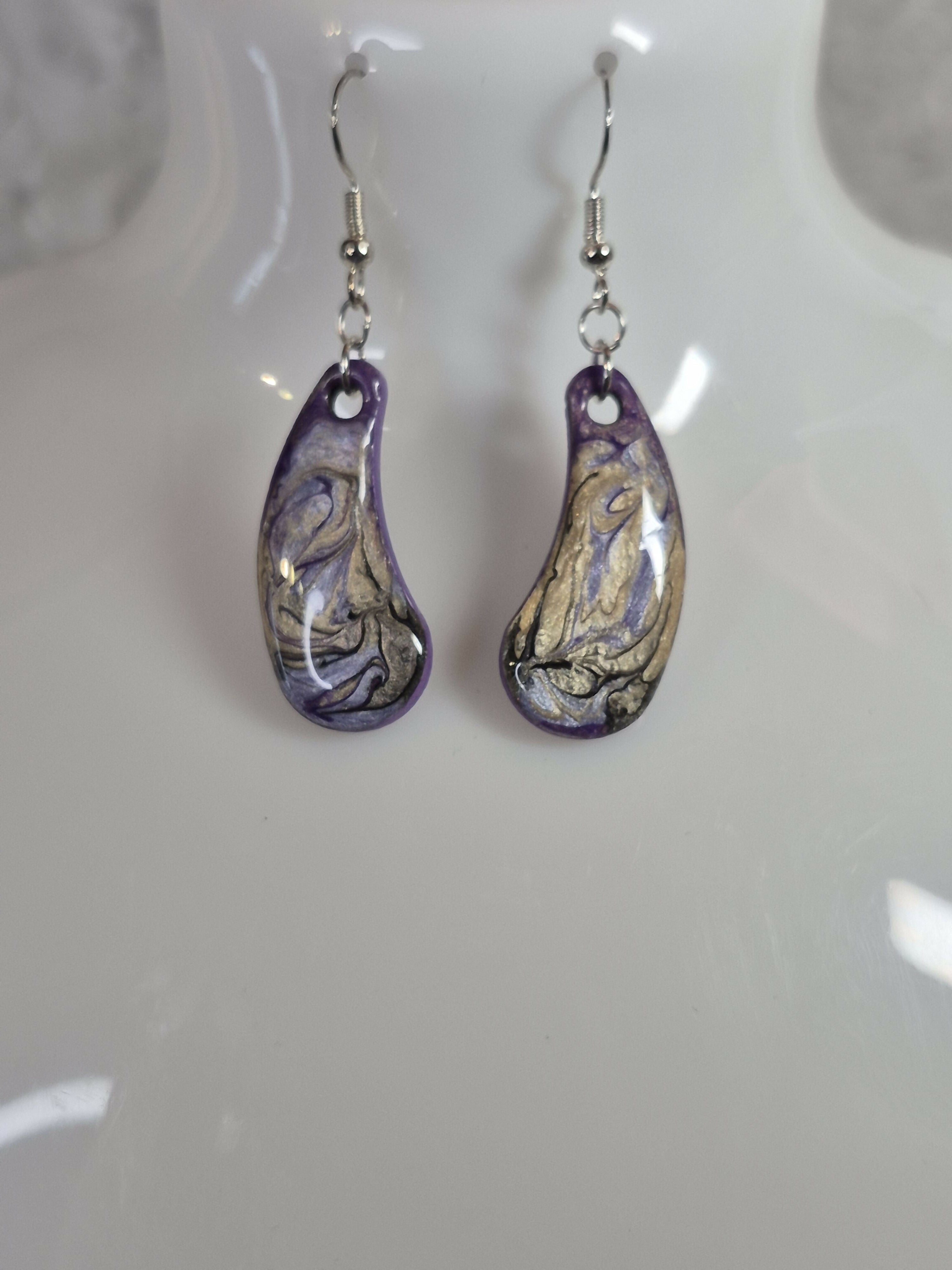 Handcrafted Teardrop Shaped Purple, Lilac, Cream And Black Earrings