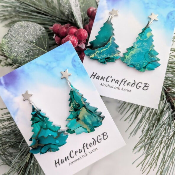 Forest Green Christmas Tree Earrings, Alcohol Ink Art