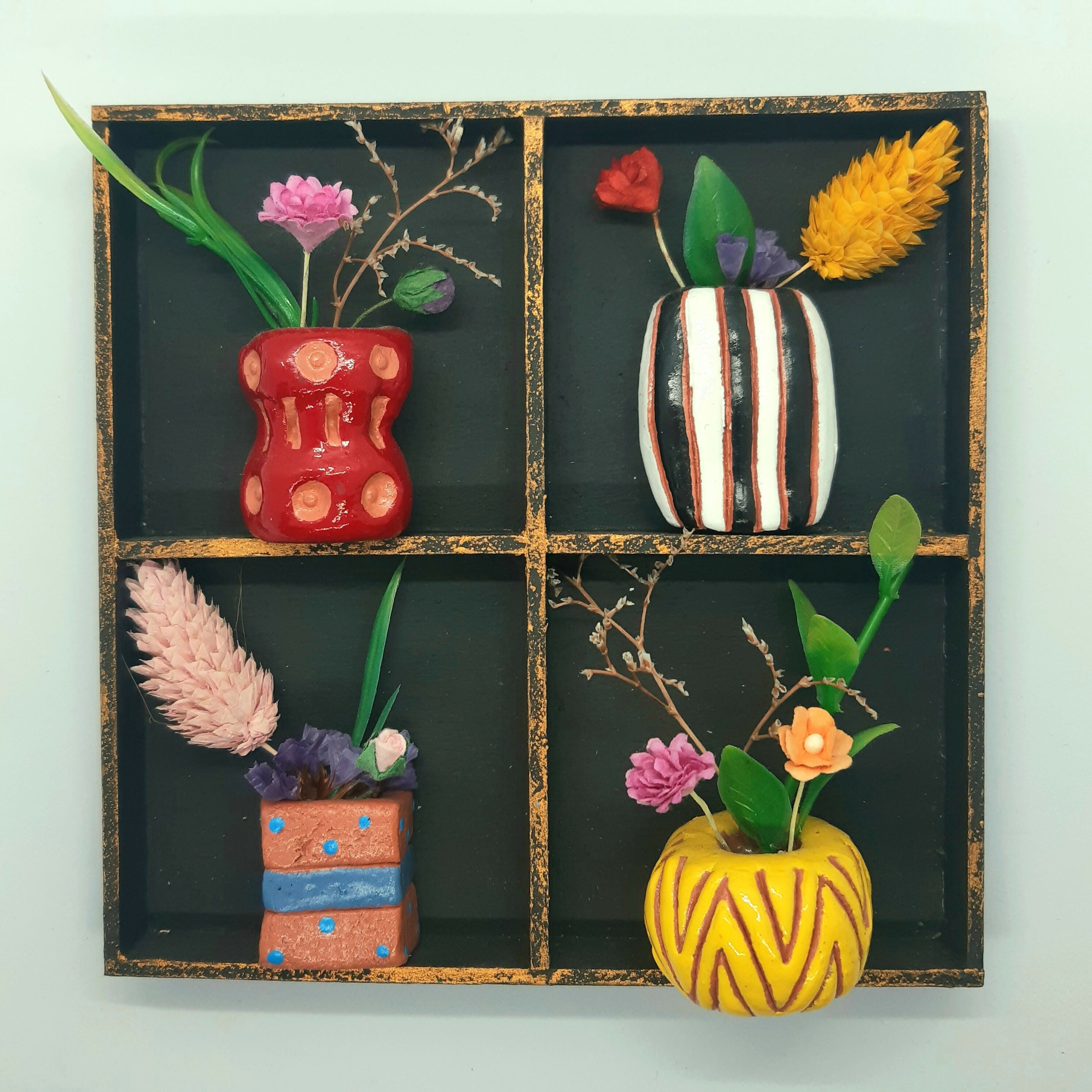 Colourful Vases and Faux Flowers in Black Painted Wooden Trinket Tray