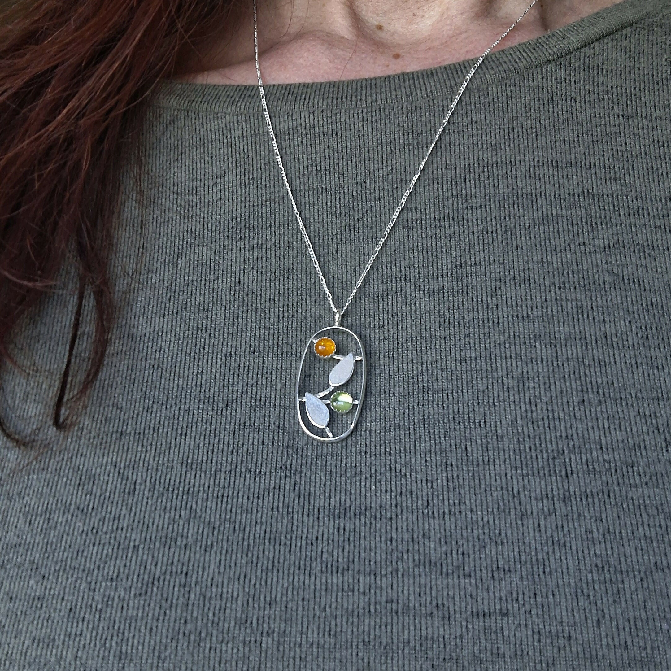 Handmade Oval Silver Leaf Necklace With Amber & Peridot