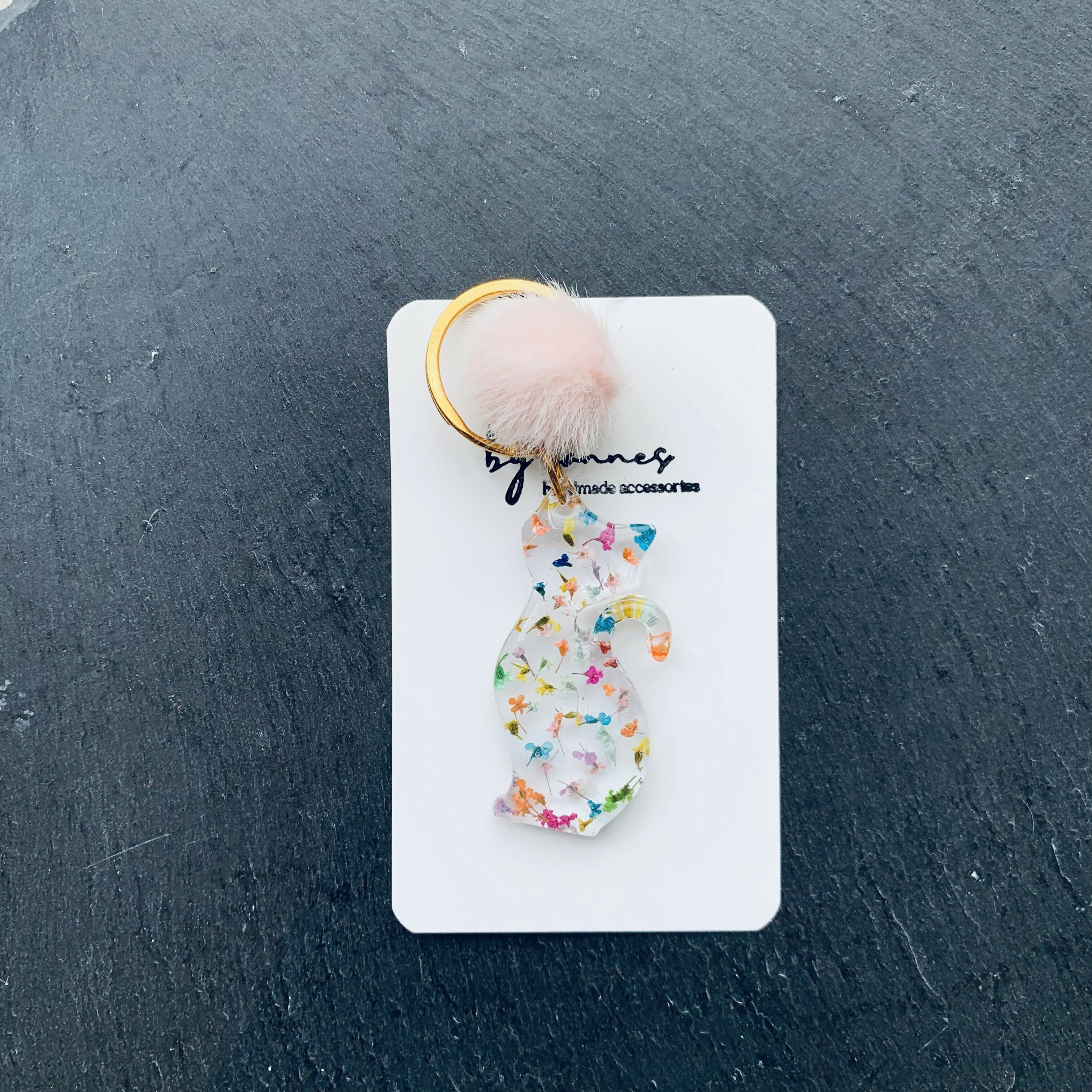 Handcrafted Real Pressed Floral Resin Cat Keyring with Fluffy Pom-Pom Accent