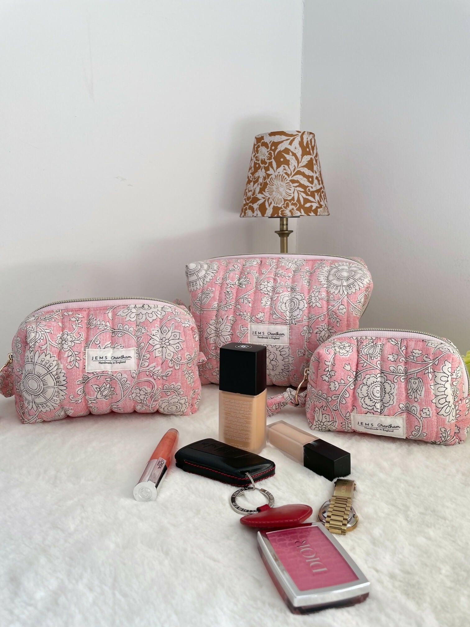 Pink Quilted Toiletry Bag with Zipper with white flower print