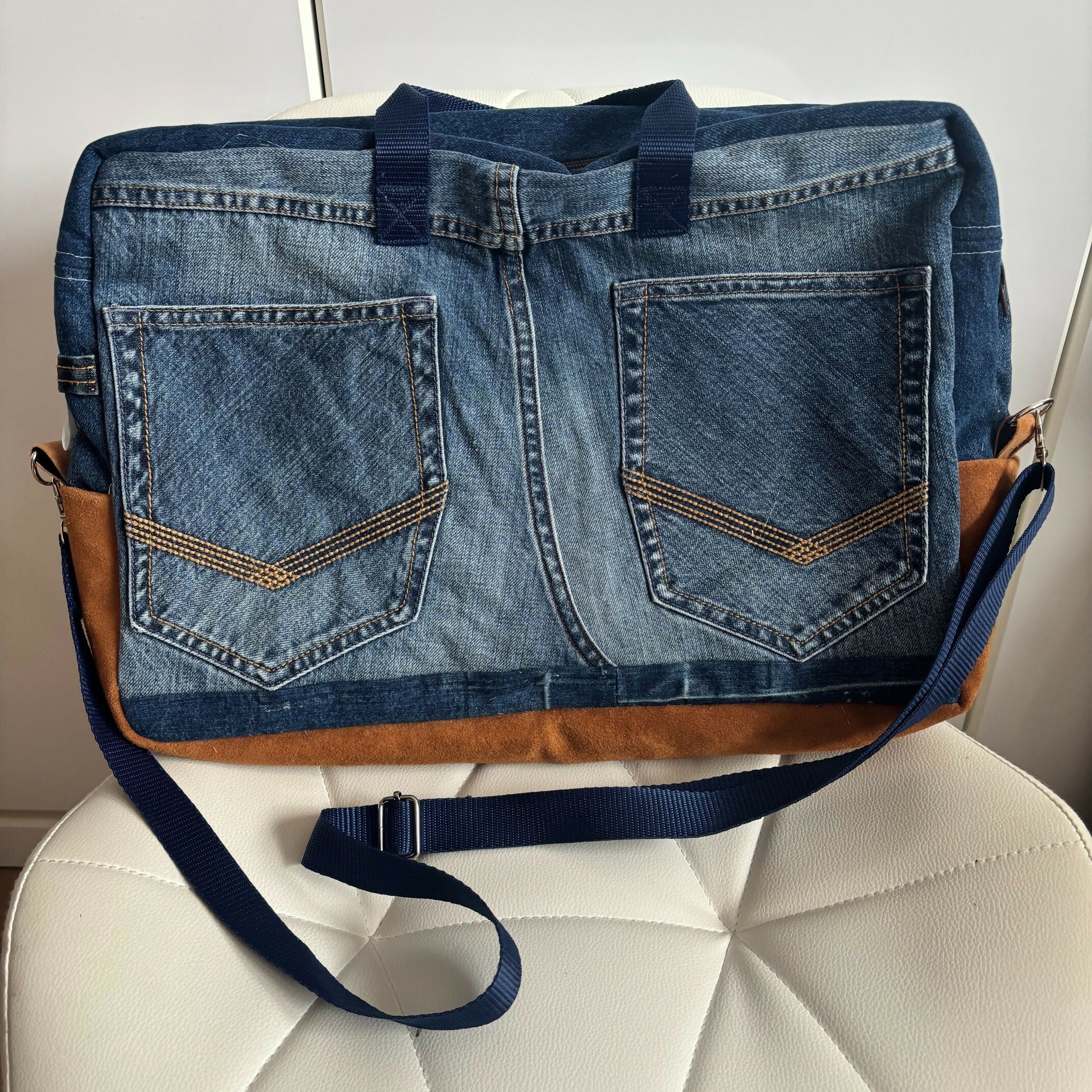 Unique Large Laptop Bag Case Made From Upcycled Jeans With Adjustable strap