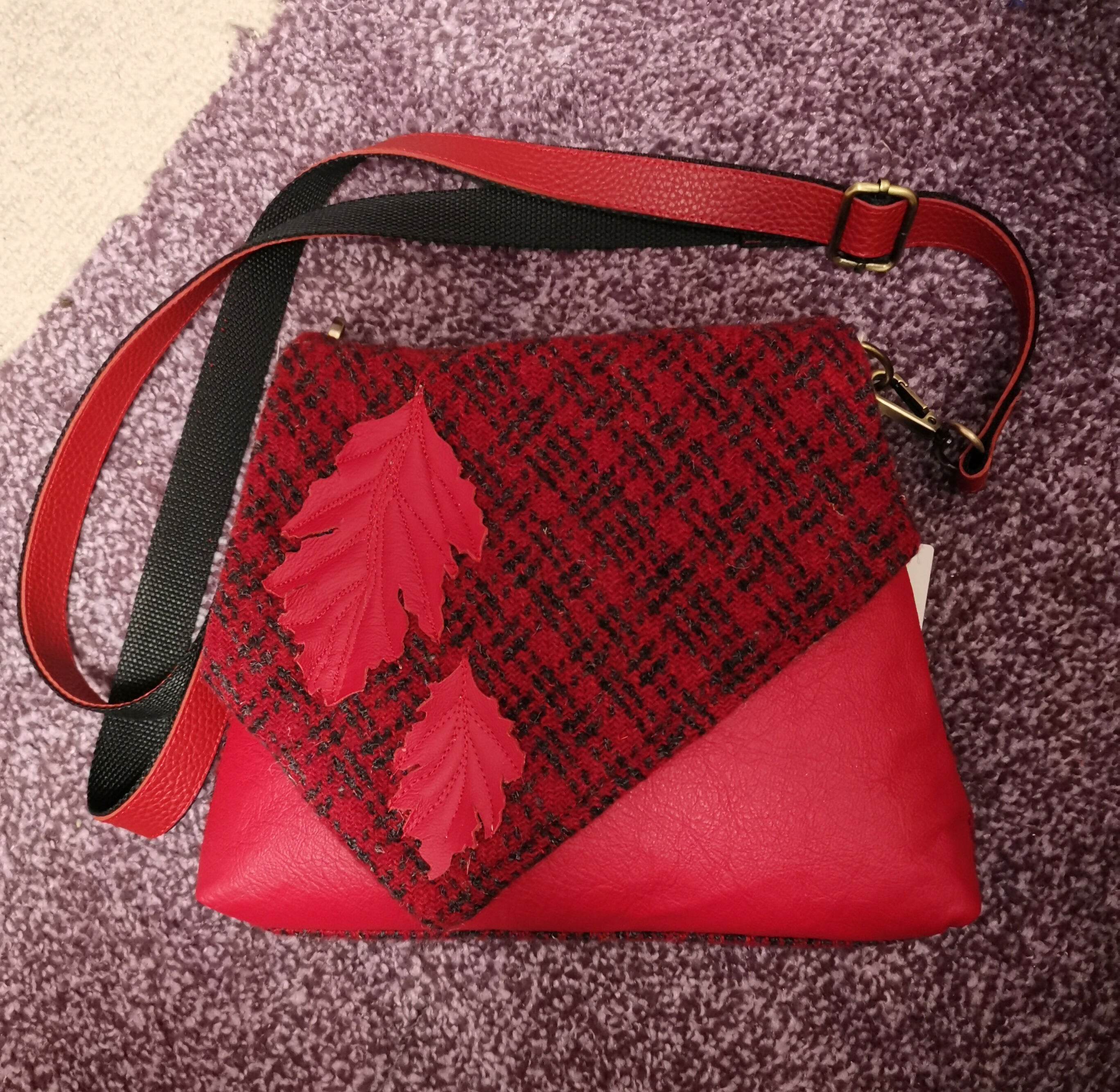 Handmade Harris Tweed and Red Leather Small Bag