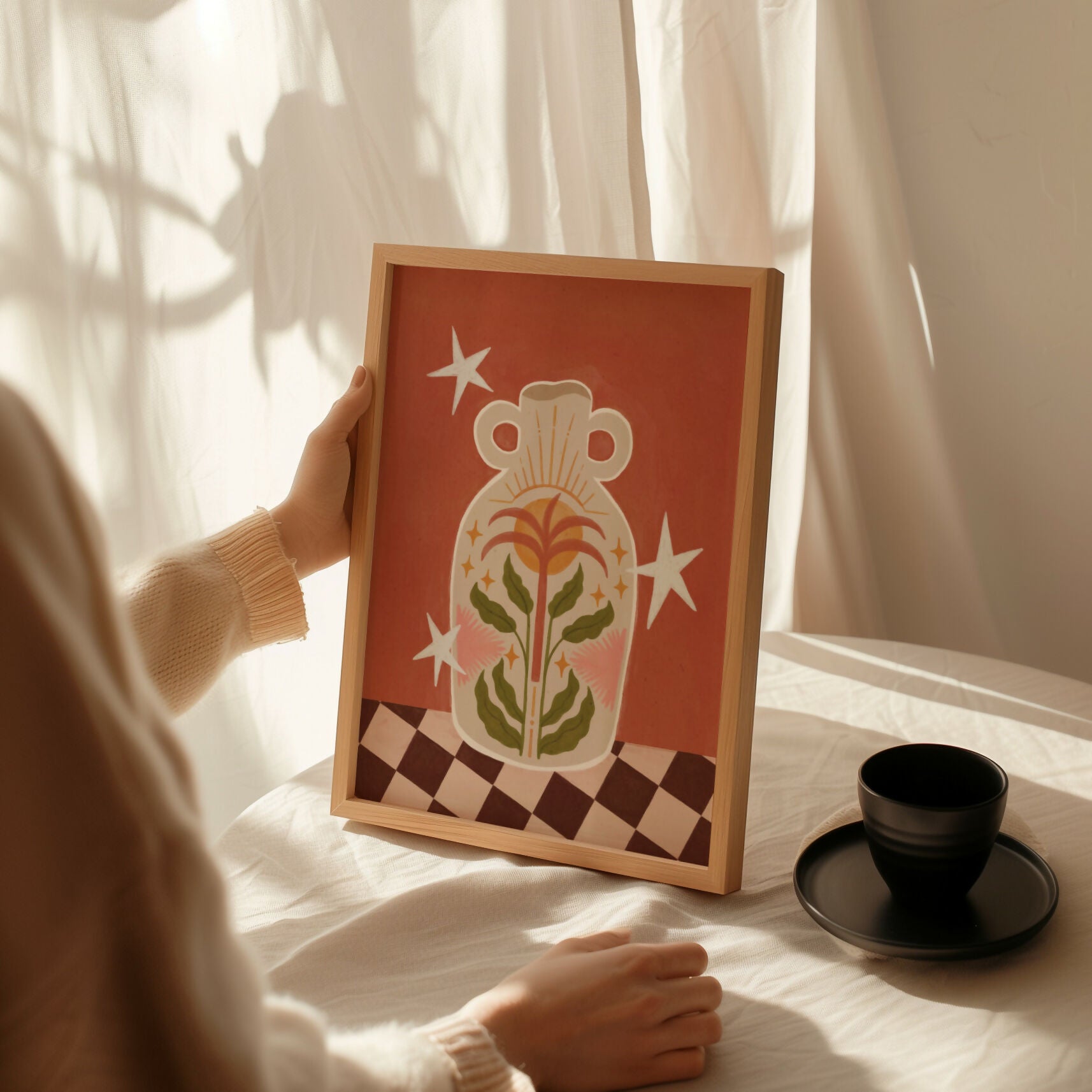 Boho Vase Illustration, Palm Tree, Sun Art Print (A4)