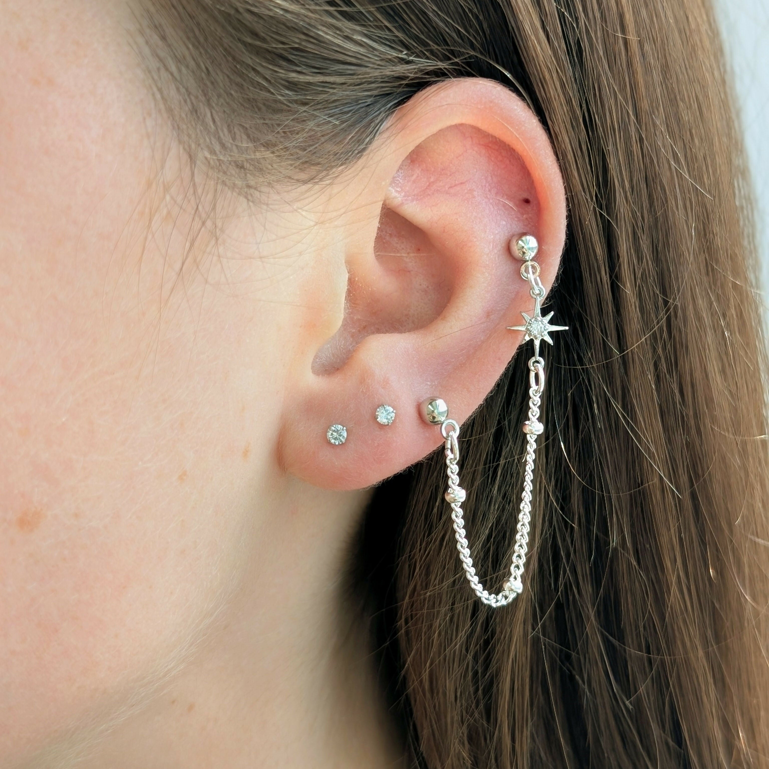 Tiny Star Cubic Zirconia Silver Double Chain Earrring on Silver Plated Ball Stud