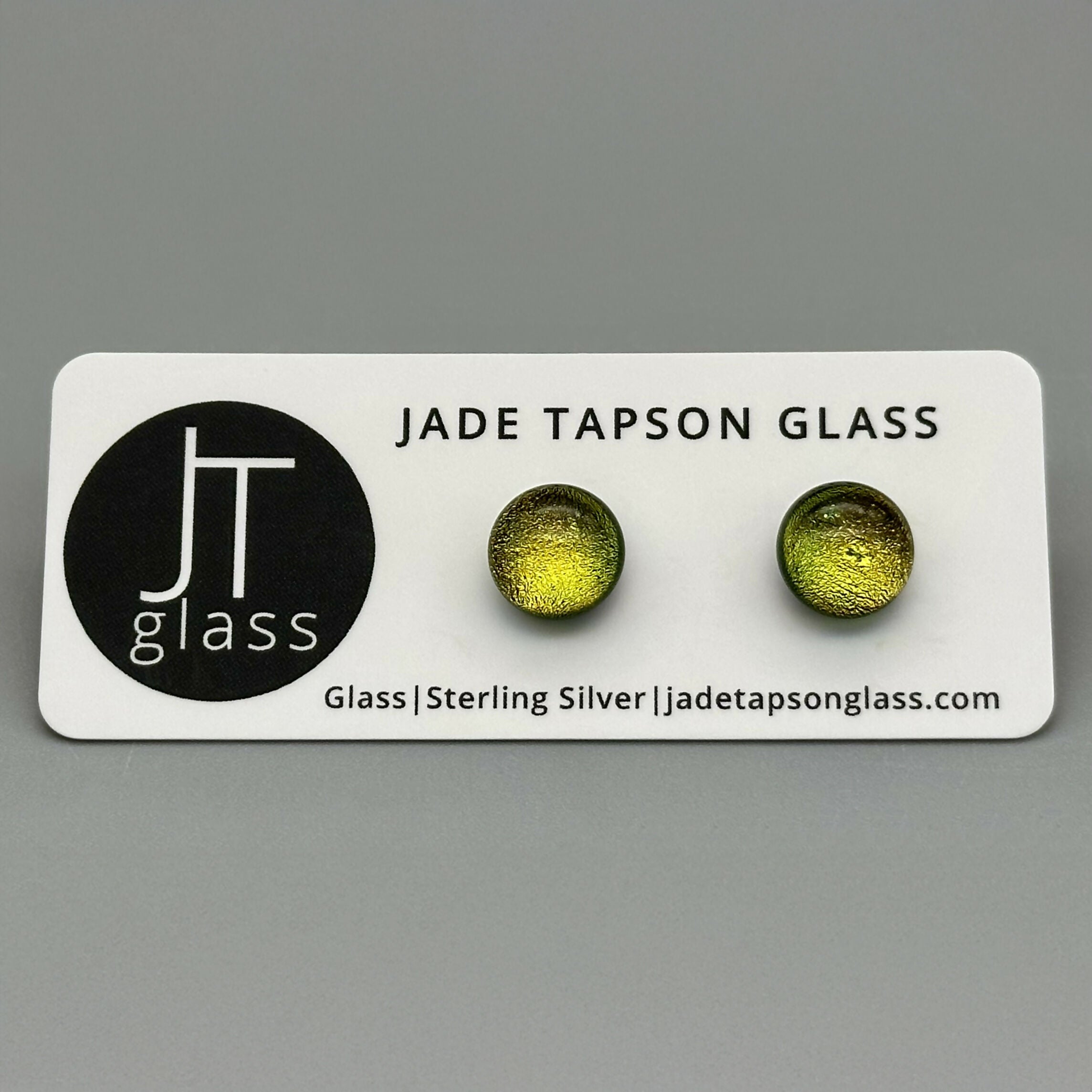 Yellow & Green Dichroic Fused Glass Sterling Silver Stud Earrings - Handmade by Jade Tapson Glass.