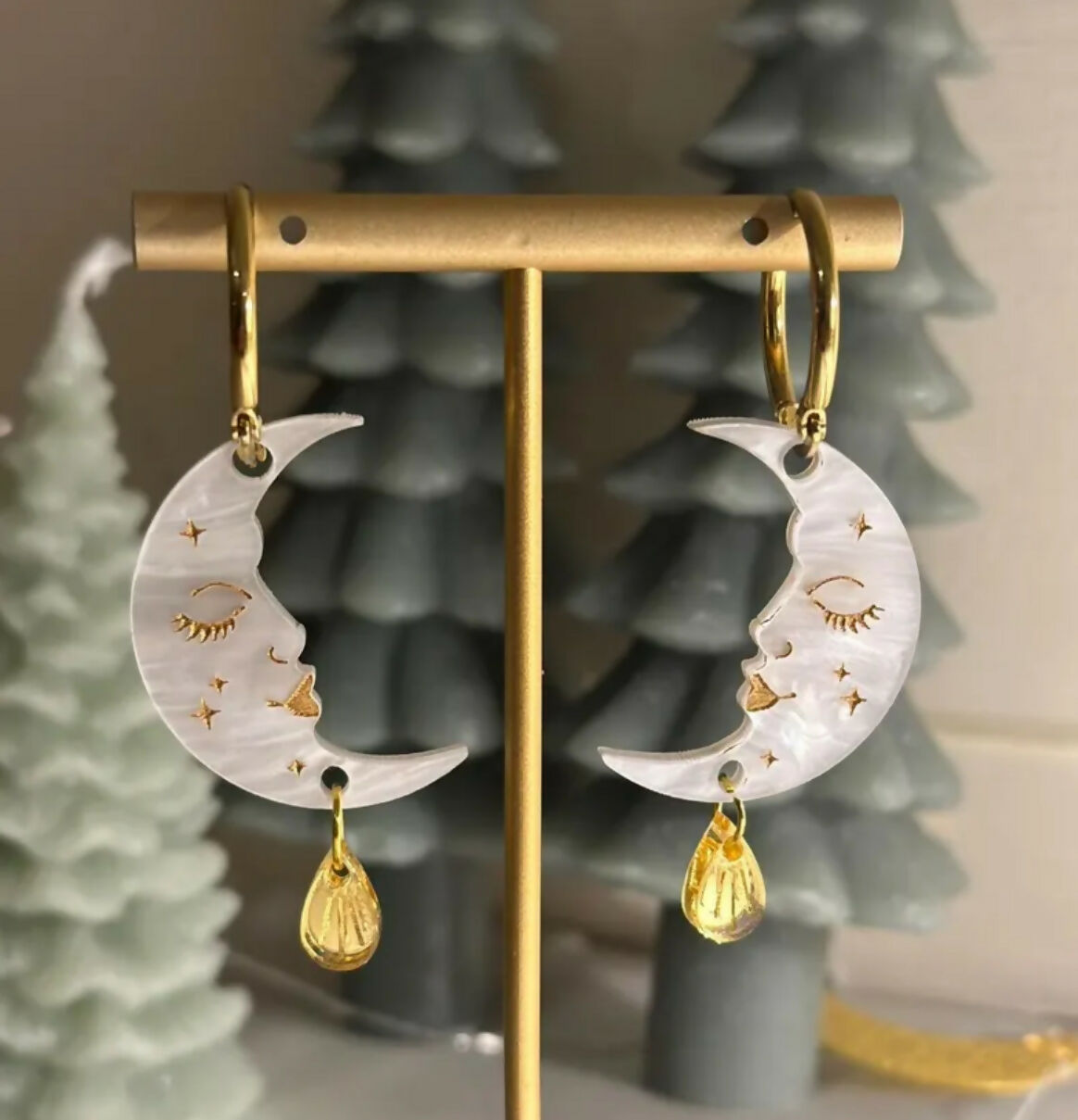 Celestial Crescent Moon Face Earrings with Gold Drop