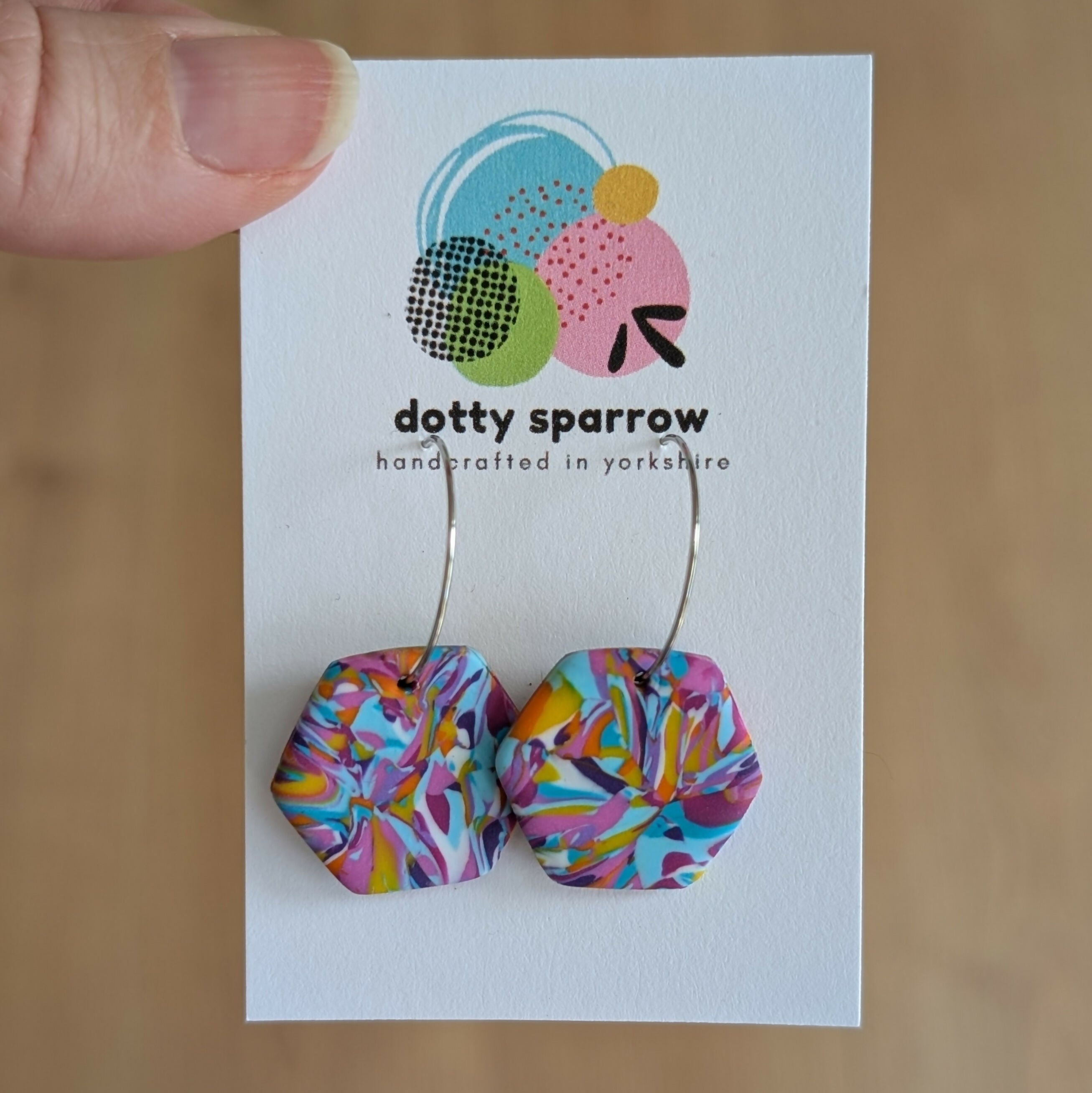 Turquoise Yellow Purple White Abstract Hoop Handmade Polymer Clay Earrings