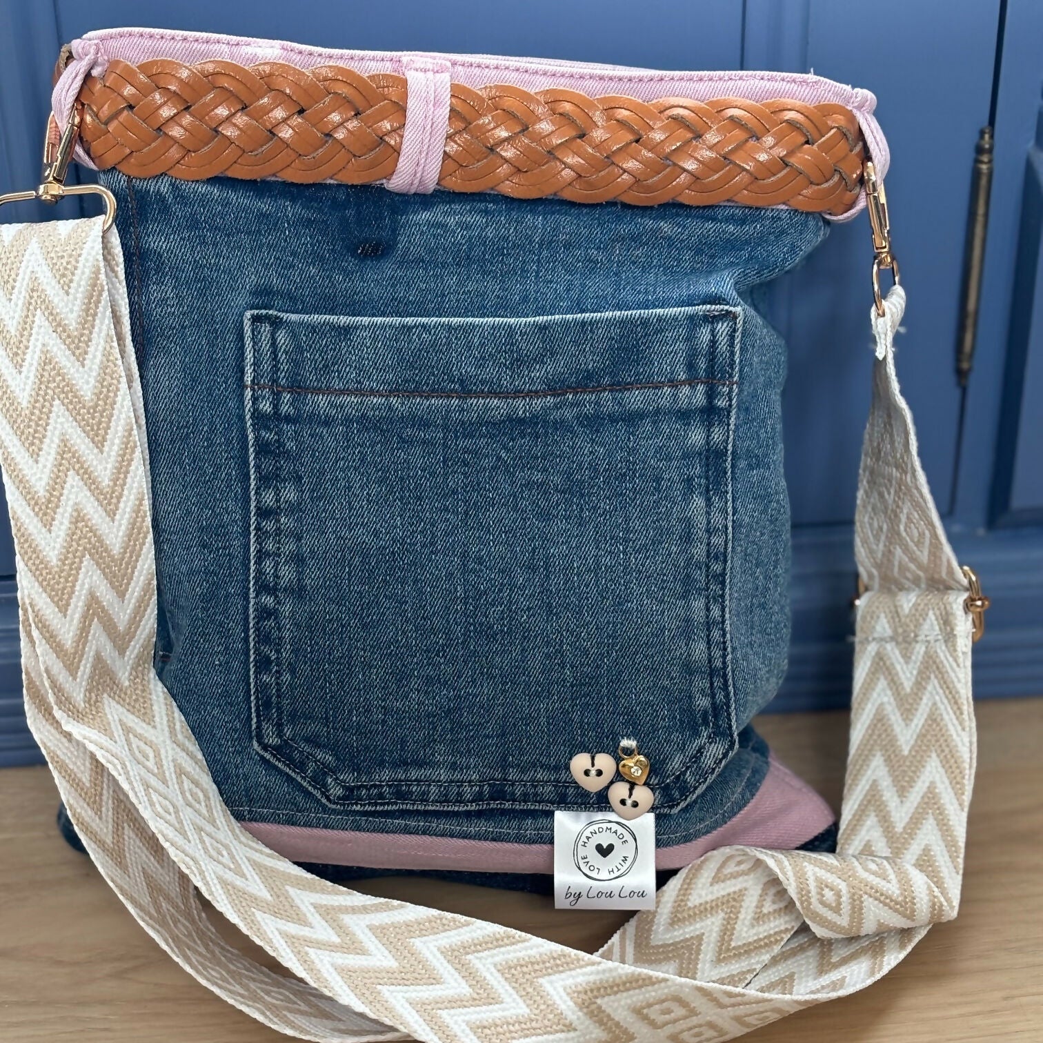 Unique Handcrafted Denim Bag Handbag Made From Upcycled Jeans With Leather Belt