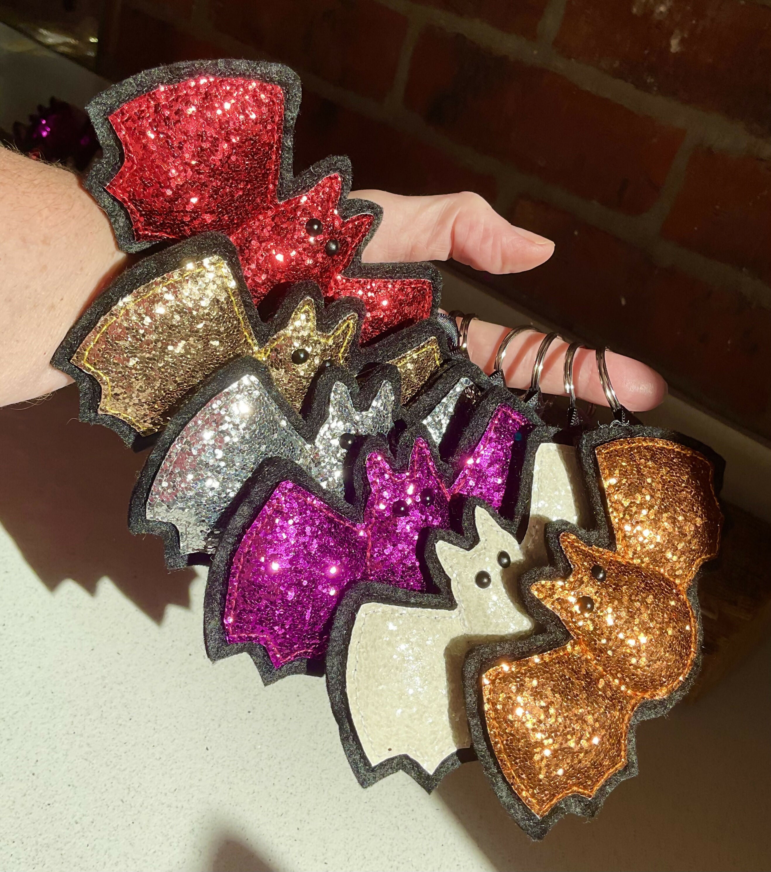 Sparkly Bat Keyring Handmade Halloween Key Ring in Bright Glitter Fabric or Bag Charm