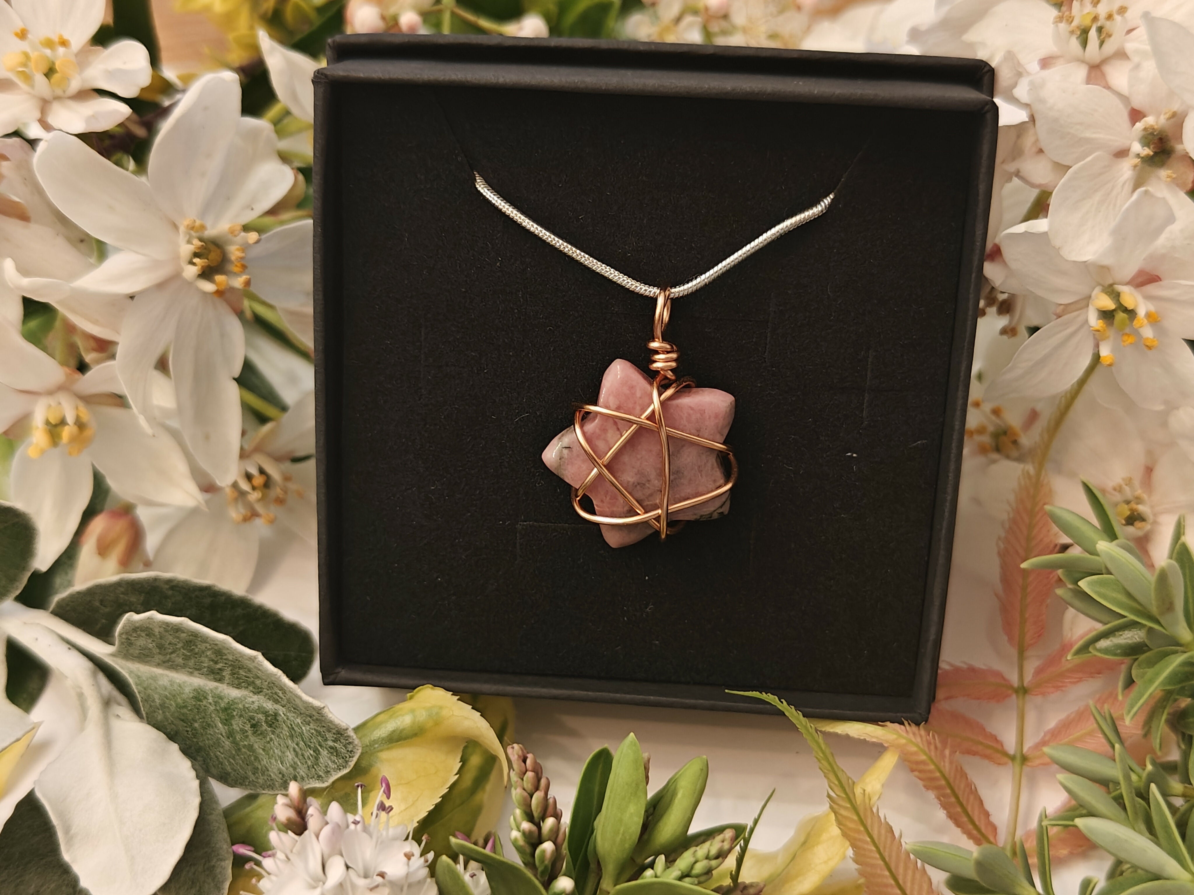 Rhodonite Wire Wrapped Crystal Necklace on Sterling Silver Chain
