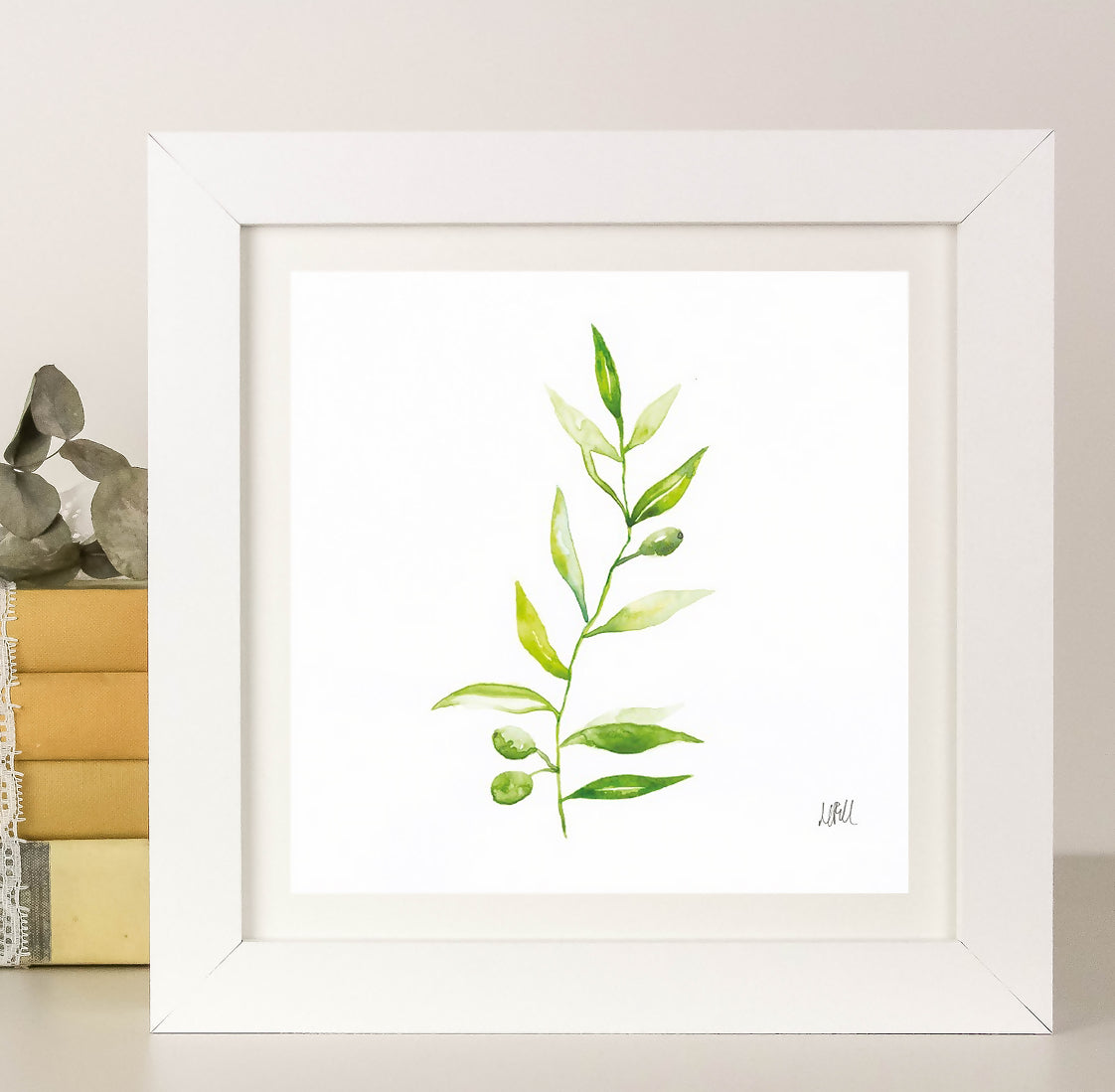 'Olive Branch' Watercolour Painting Square Print Mounted