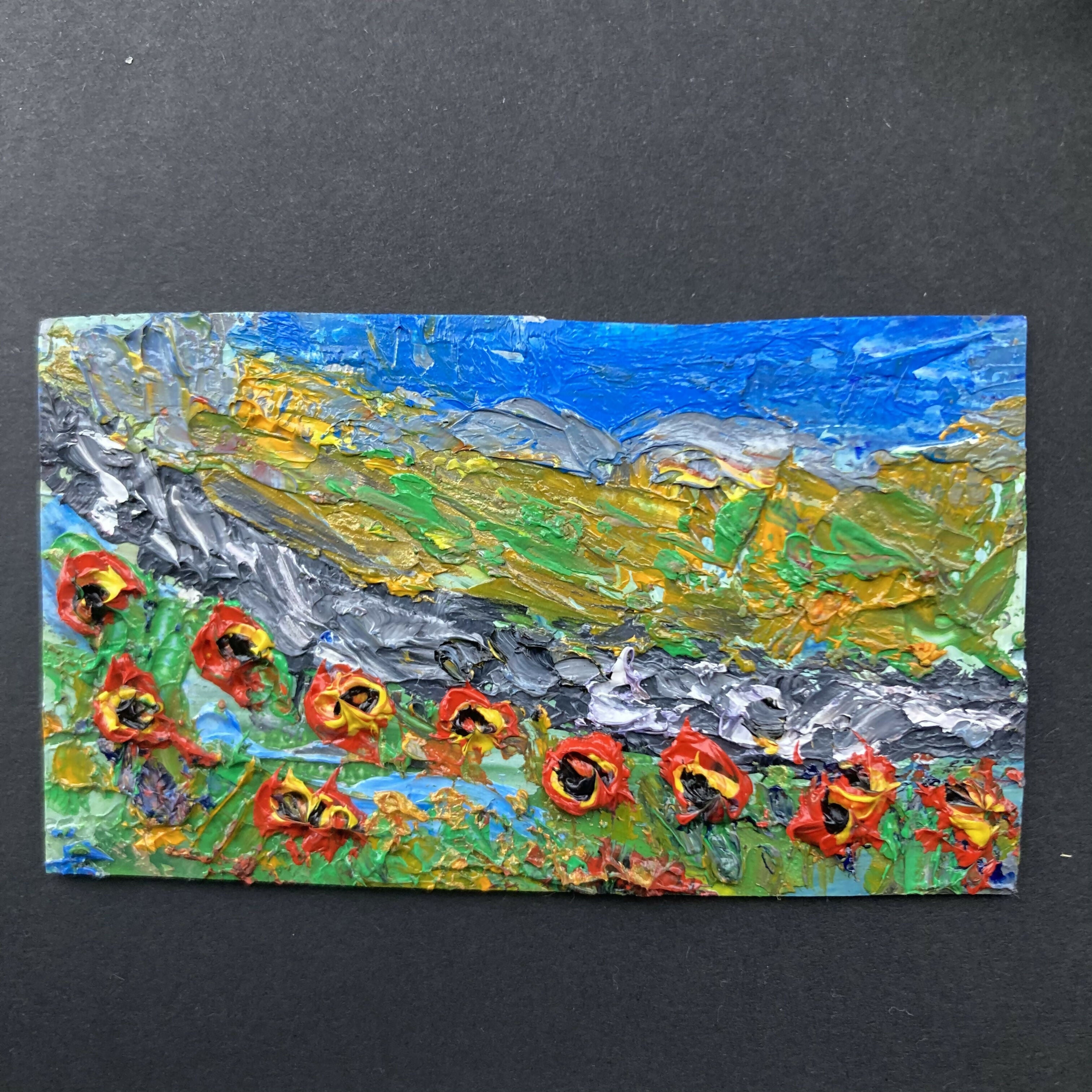 Poppies By Stone Wall Mini Oil Painting Fridge Magnet
